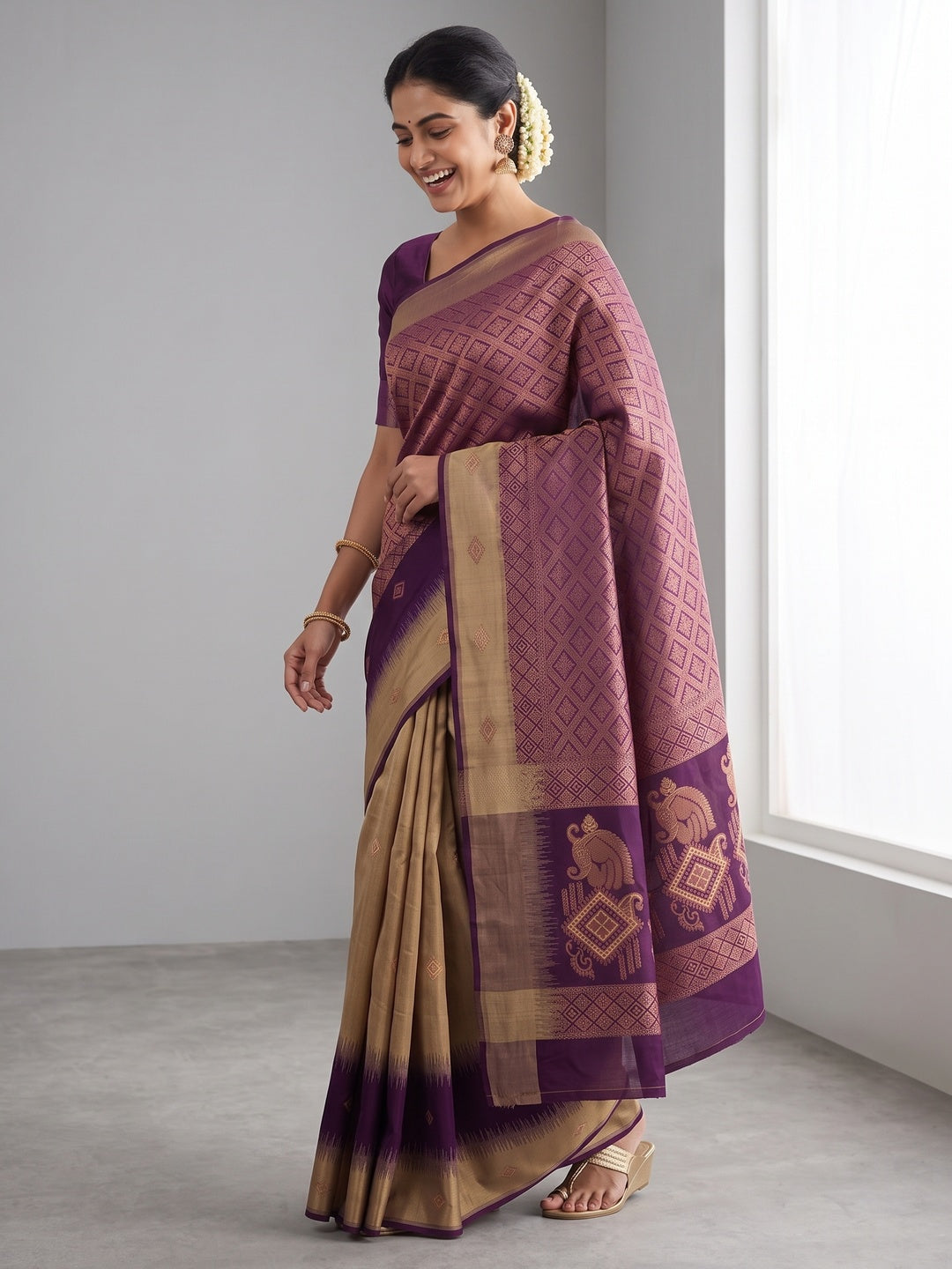 Beige & Purple Classic Tissue Silk Saree with Zari Weaving - Image 4