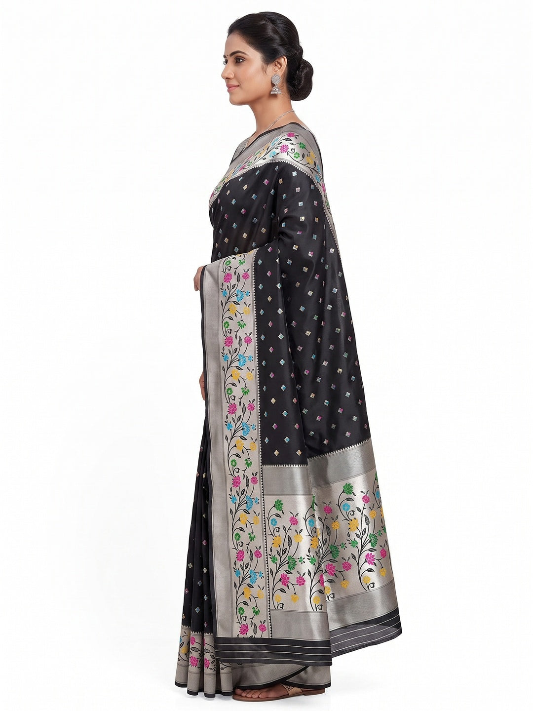 Festive Banarasi Silk Paithani Saree in Black Enhanced with Zari Weaving - Image 3