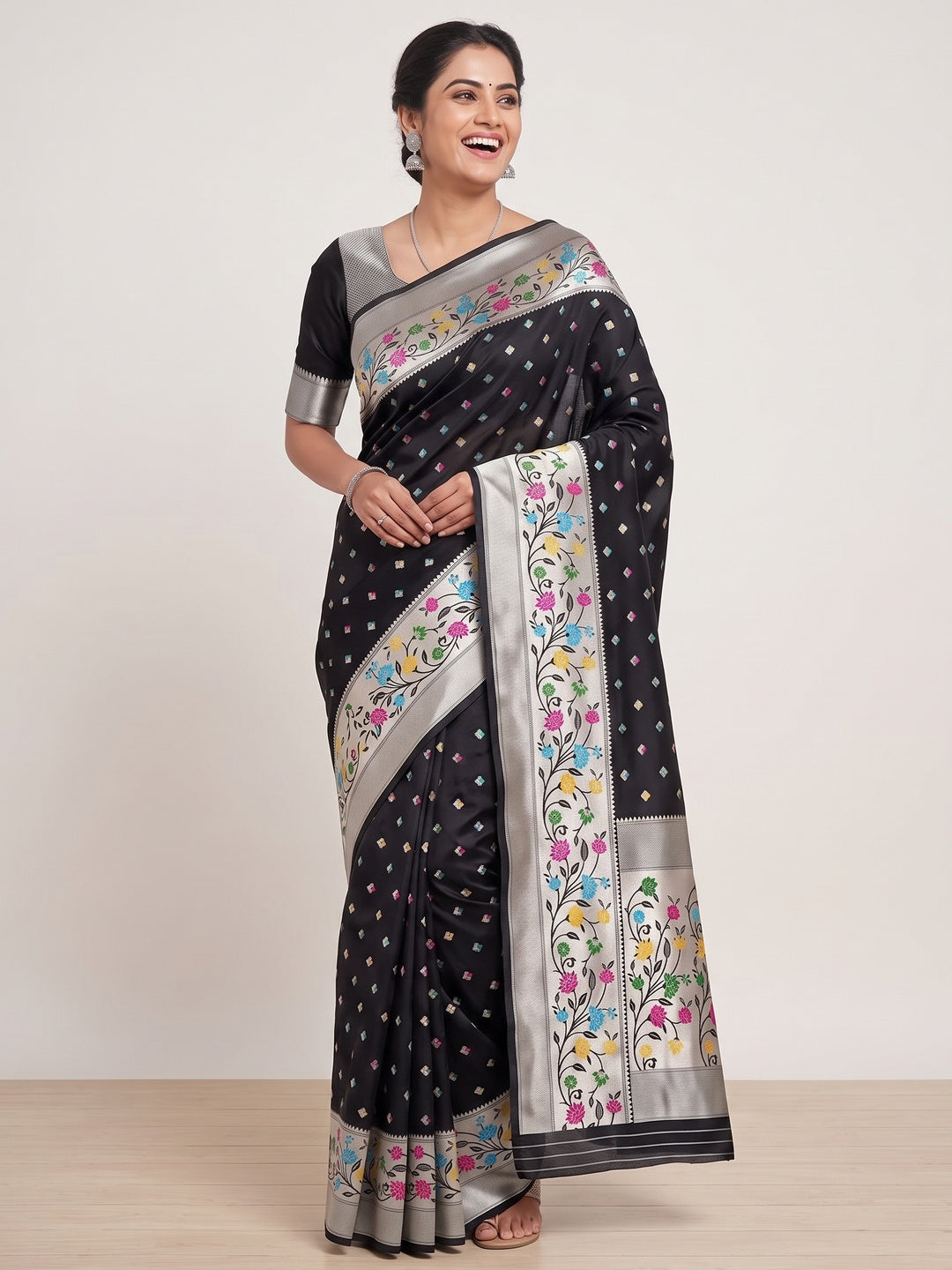Festive Banarasi Silk Paithani Saree in Black Enhanced with Zari Weaving - Image 4
