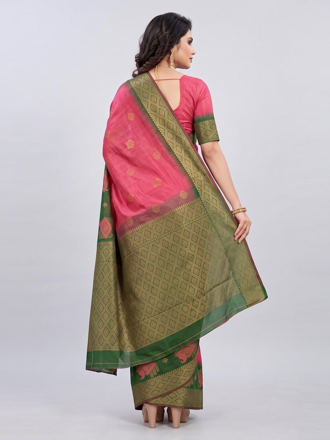 Gajri Pink & Green Classic Tissue Silk Saree with Zari Weaving - Image 2