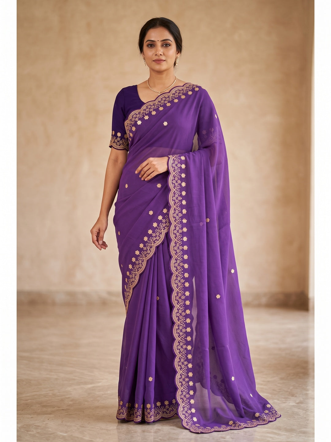 Peachmode Purple Floral Embroidered Georgette Saree - Image 1
