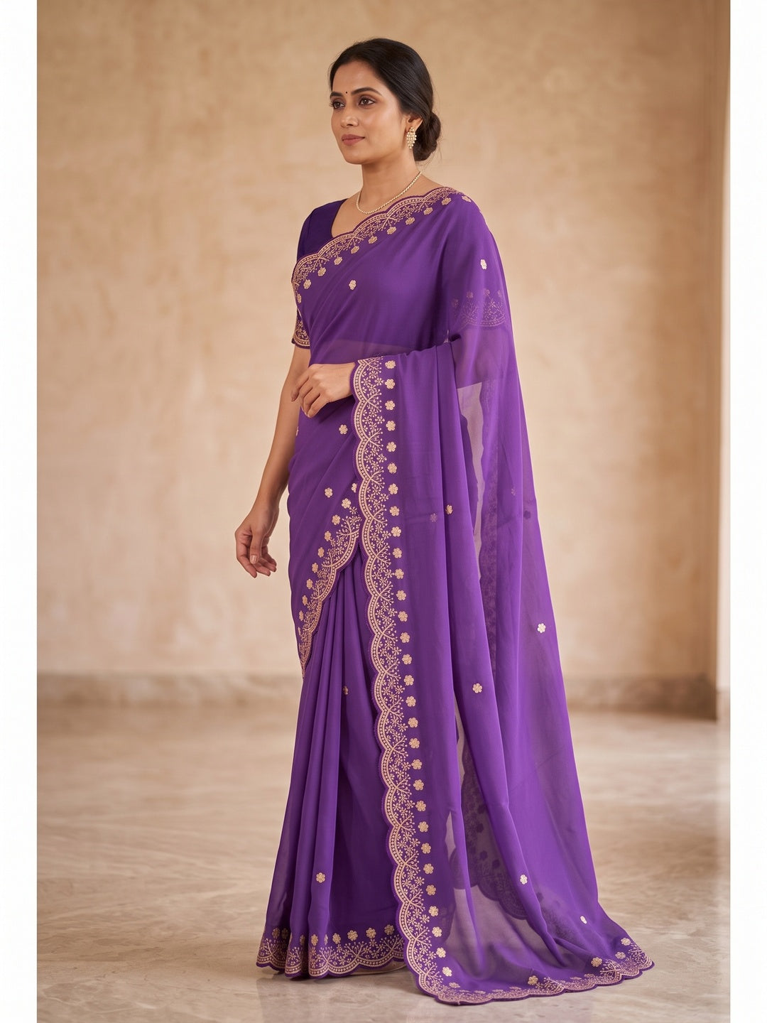 Peachmode Purple Floral Embroidered Georgette Saree - Image 5