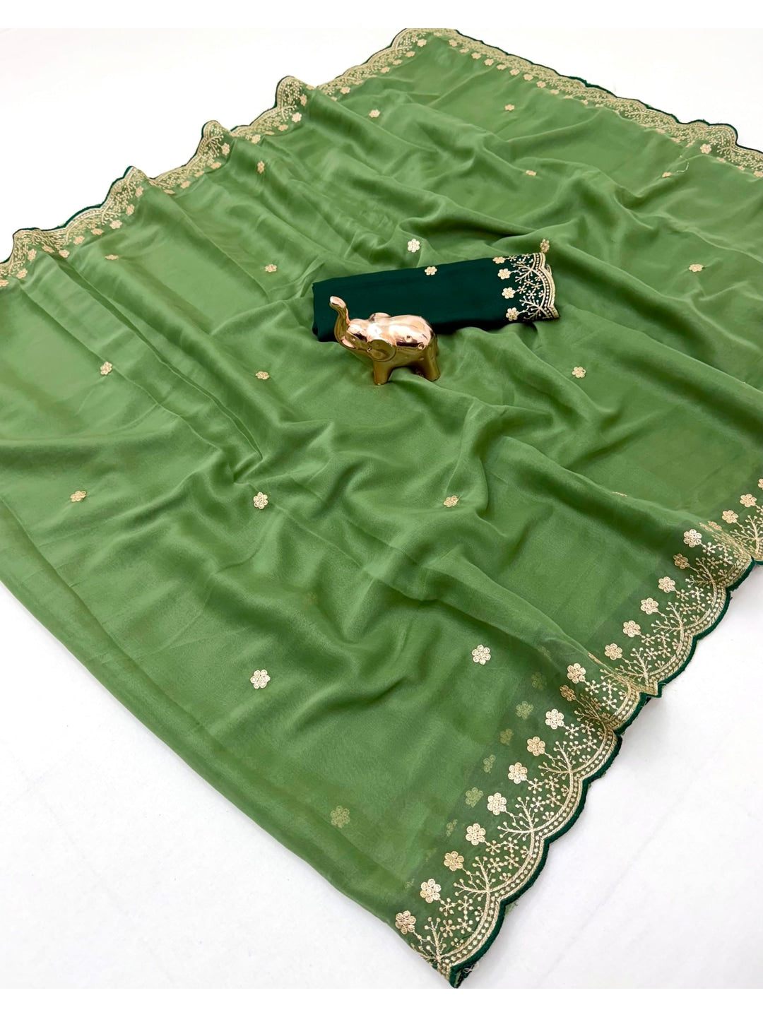 Peachmode Green Floral Embroidered Georgette Saree - Image 2