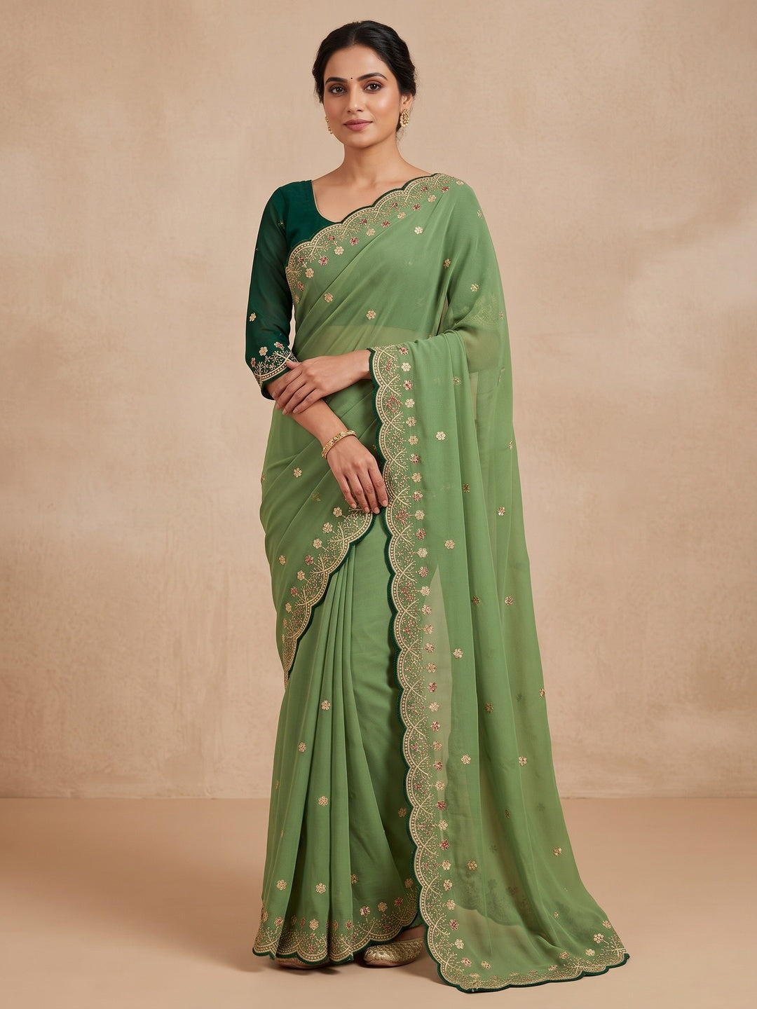 Peachmode Green Floral Embroidered Georgette Saree - Image 1