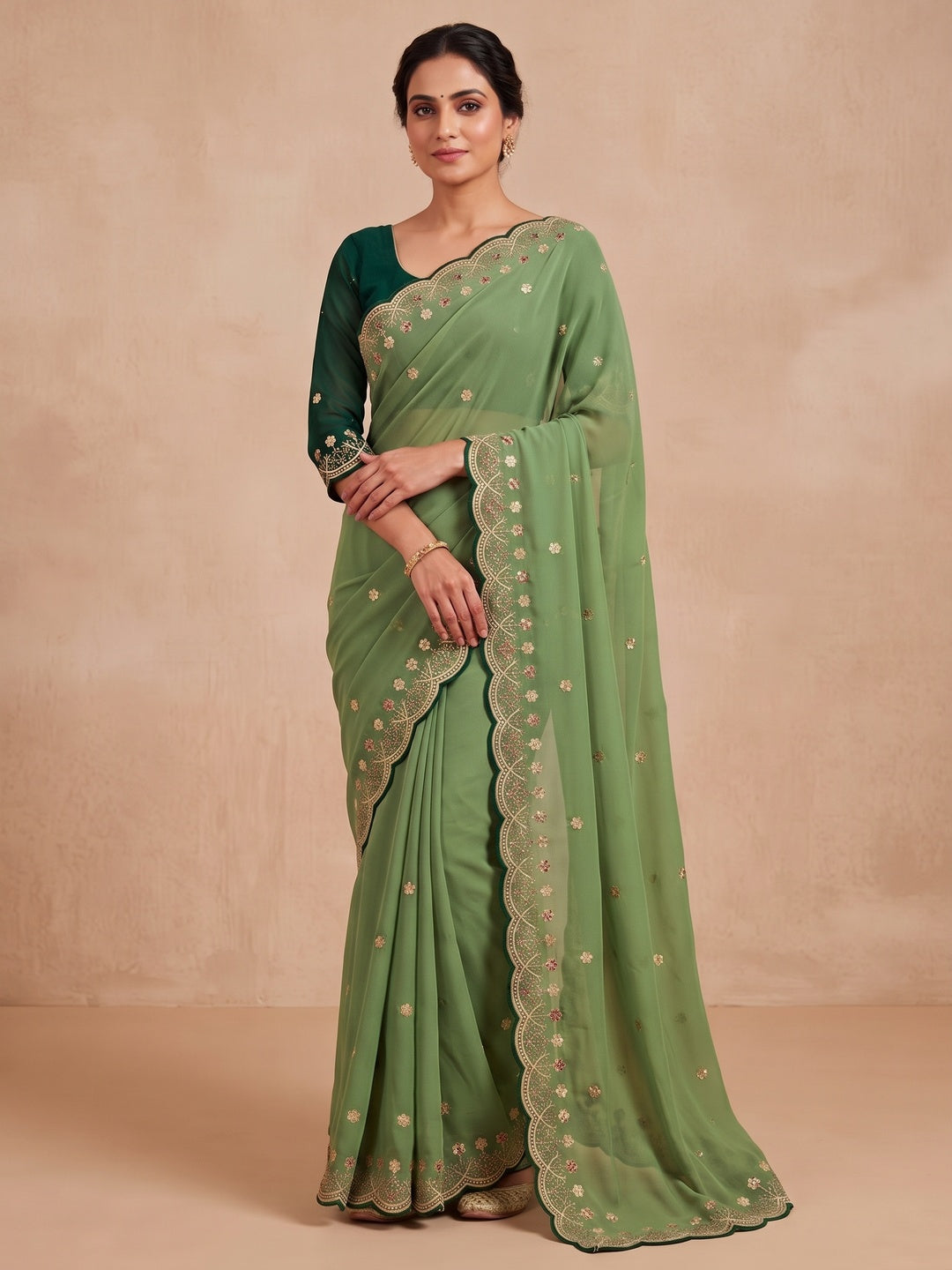 Peachmode Green Floral Embroidered Georgette Saree - Image 5