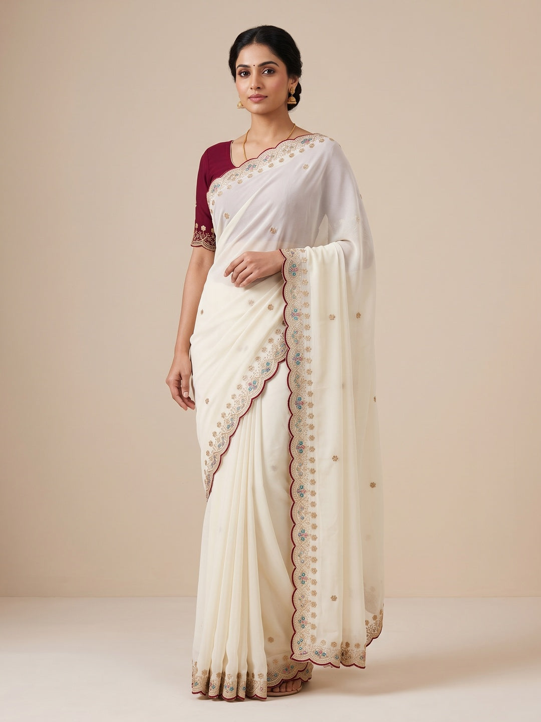 Peachmode White Floral Embroidered Georgette Saree - Image 1