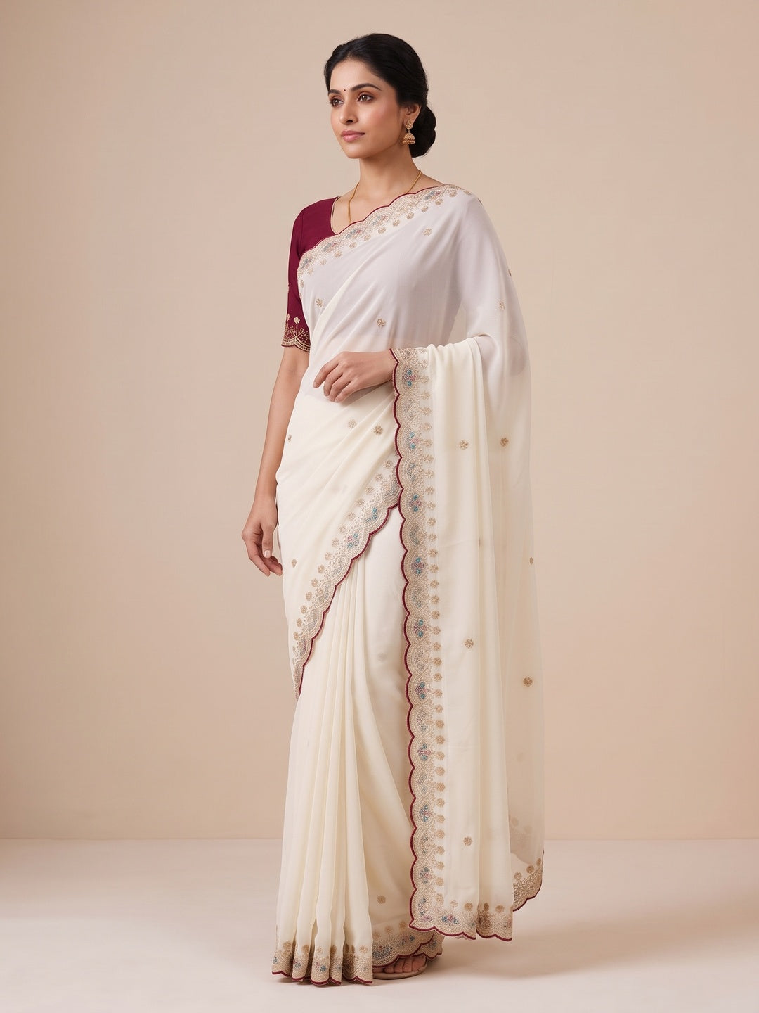 Peachmode White Floral Embroidered Georgette Saree - Image 5