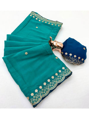 Peachmode Teal Floral Embroidered Georgette Saree - Image 2