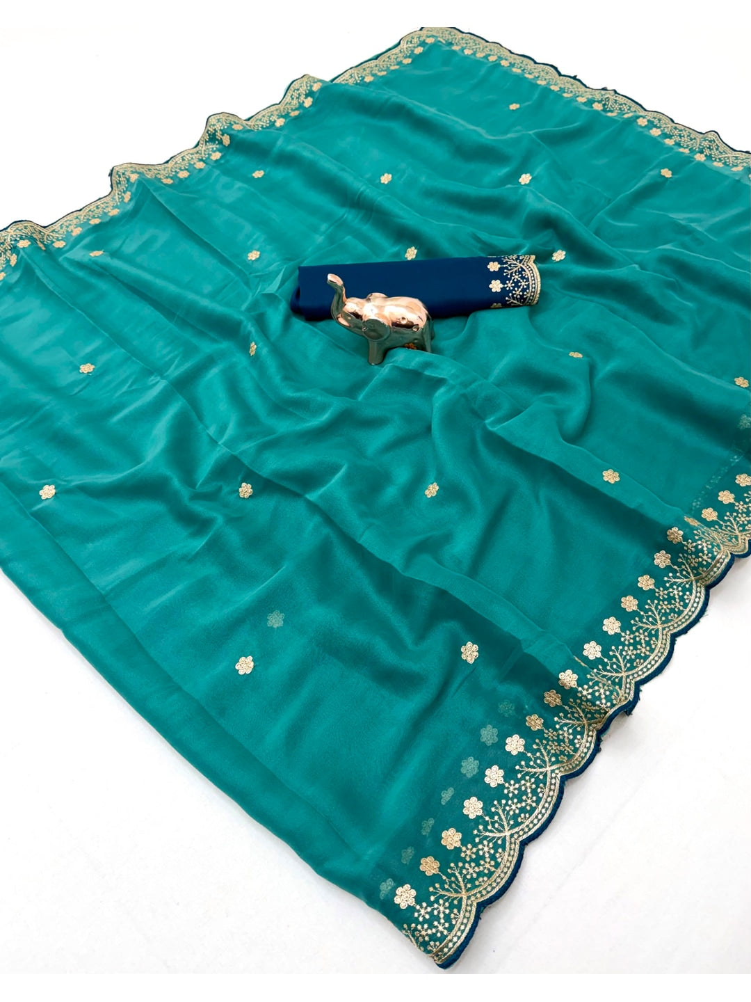 Peachmode Teal Floral Embroidered Georgette Saree - Image 4