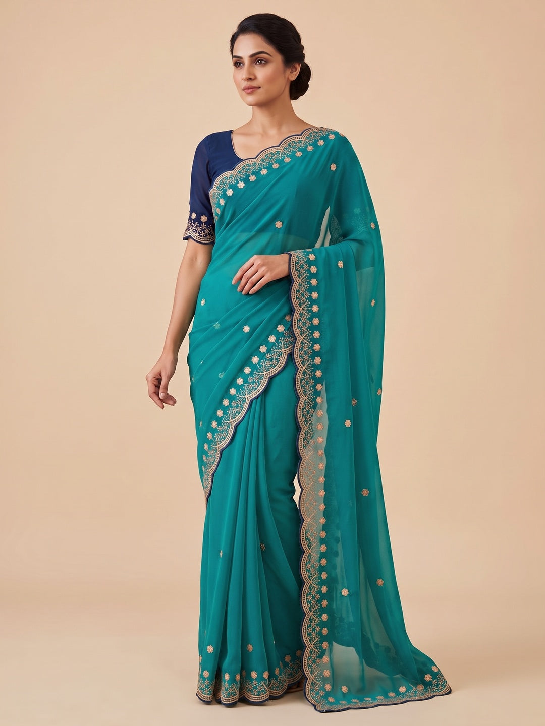 Peachmode Teal Floral Embroidered Georgette Saree - Image 5