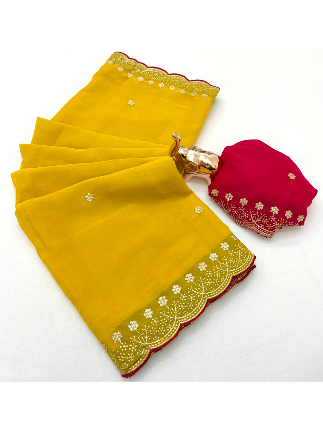 Peachmode Mustard Floral Embroidered Georgette Saree - Image 2
