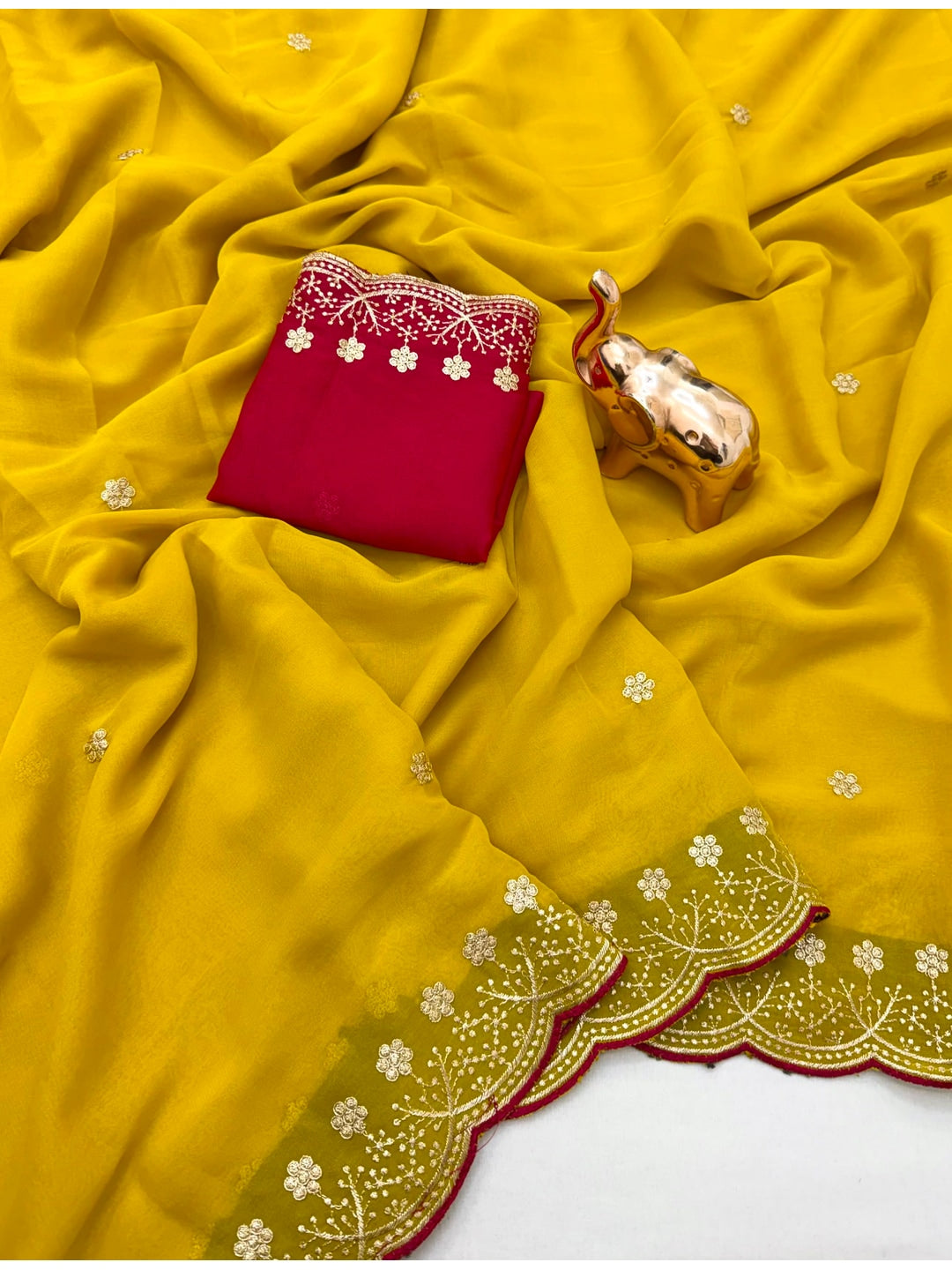 Peachmode Mustard Floral Embroidered Georgette Saree - Image 3