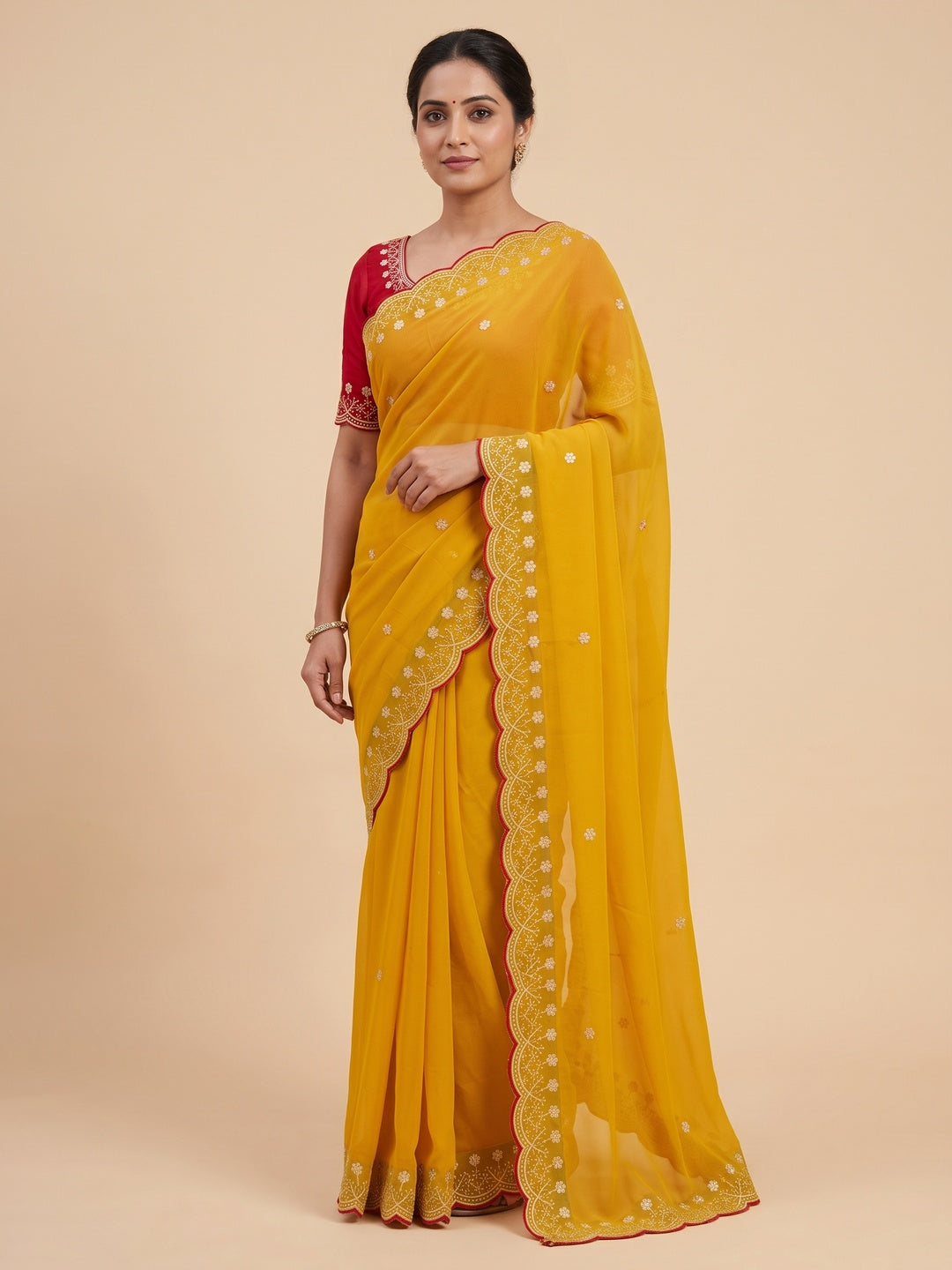 Peachmode Mustard Floral Embroidered Georgette Saree - Image 1