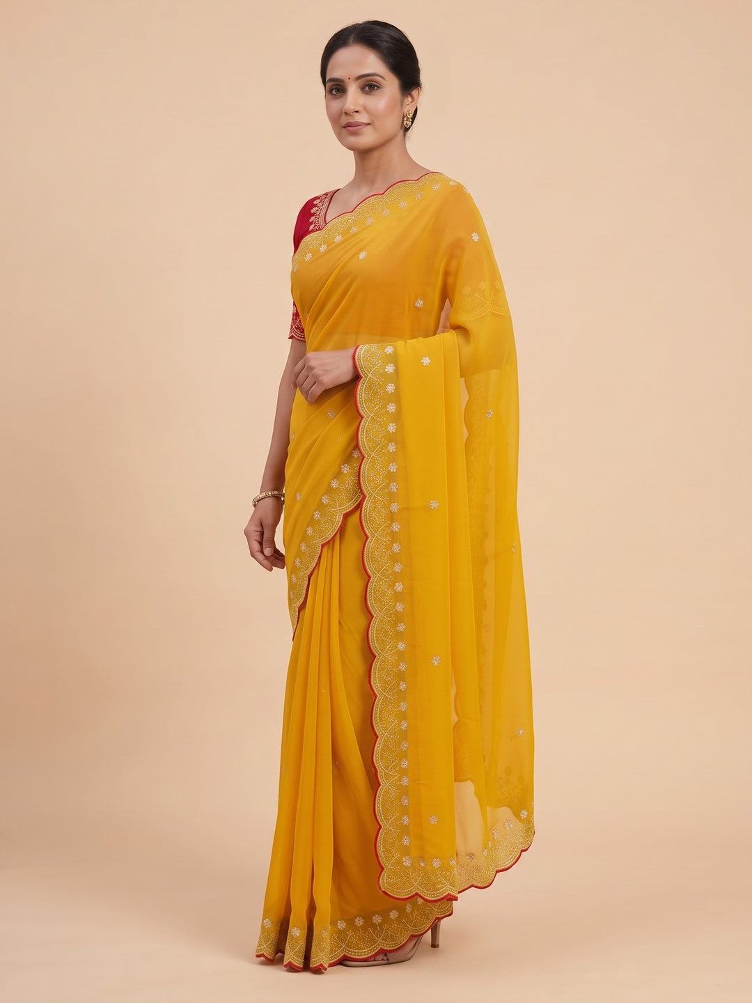 Peachmode Mustard Floral Embroidered Georgette Saree - Image 5