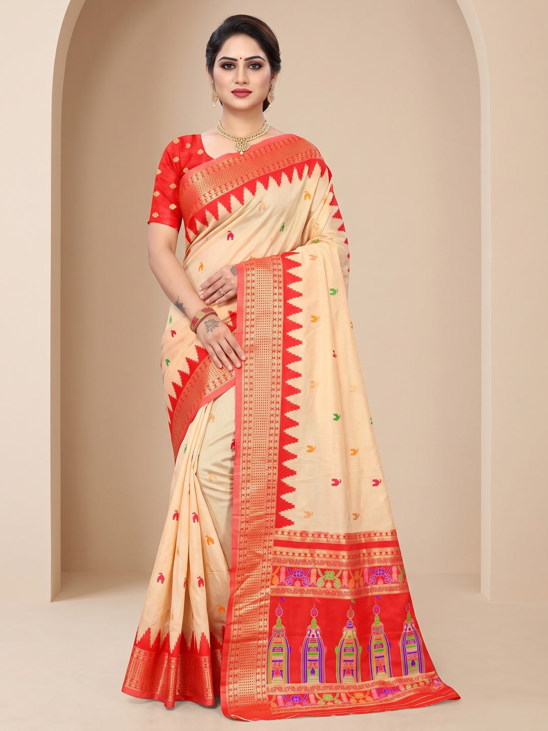 Peachmode Cream and Red Pure Silk Kalash Woven Saree - Image 1