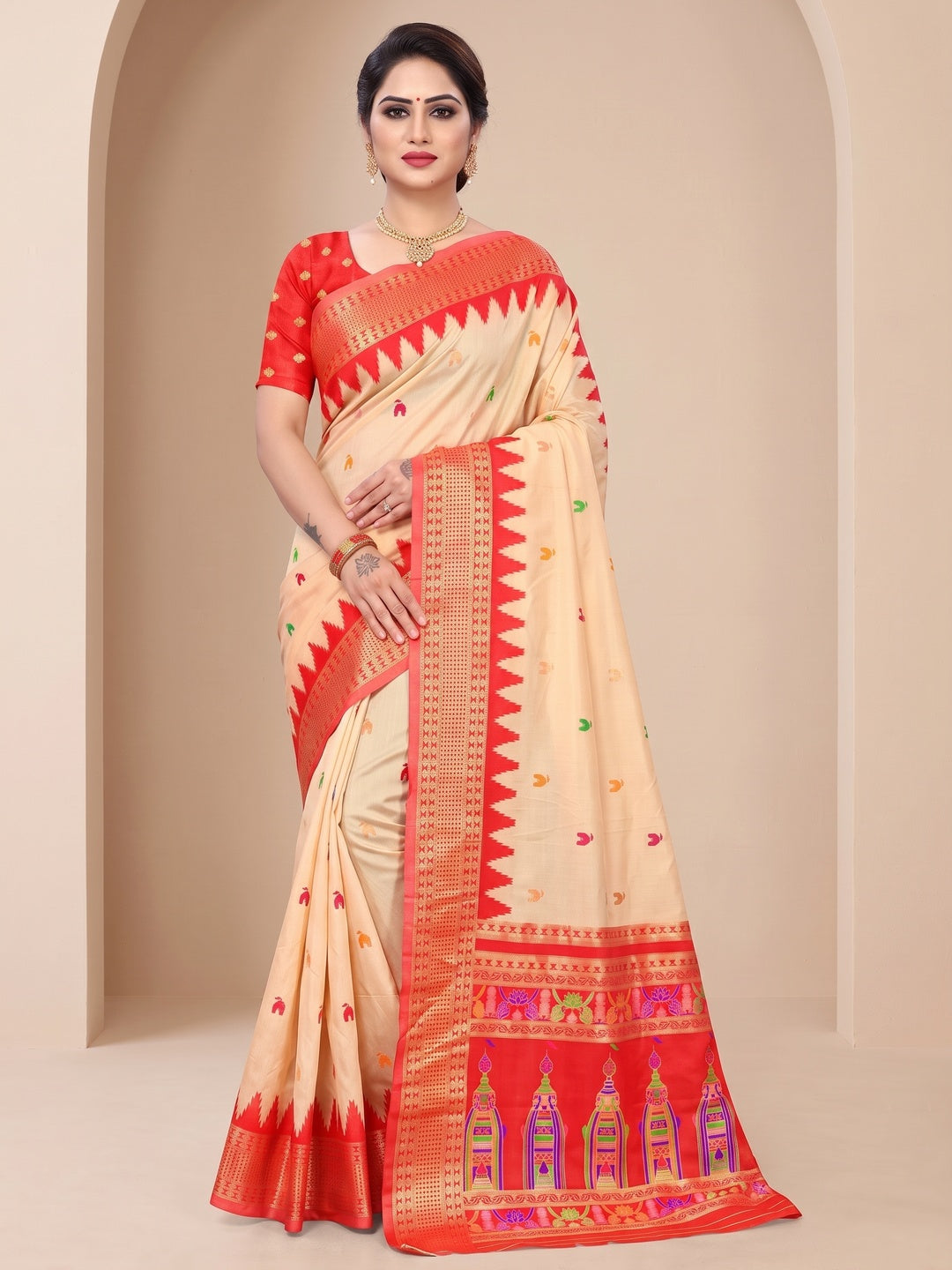 Peachmode Cream and Red Pure Silk Kalash Woven Saree - Image 2