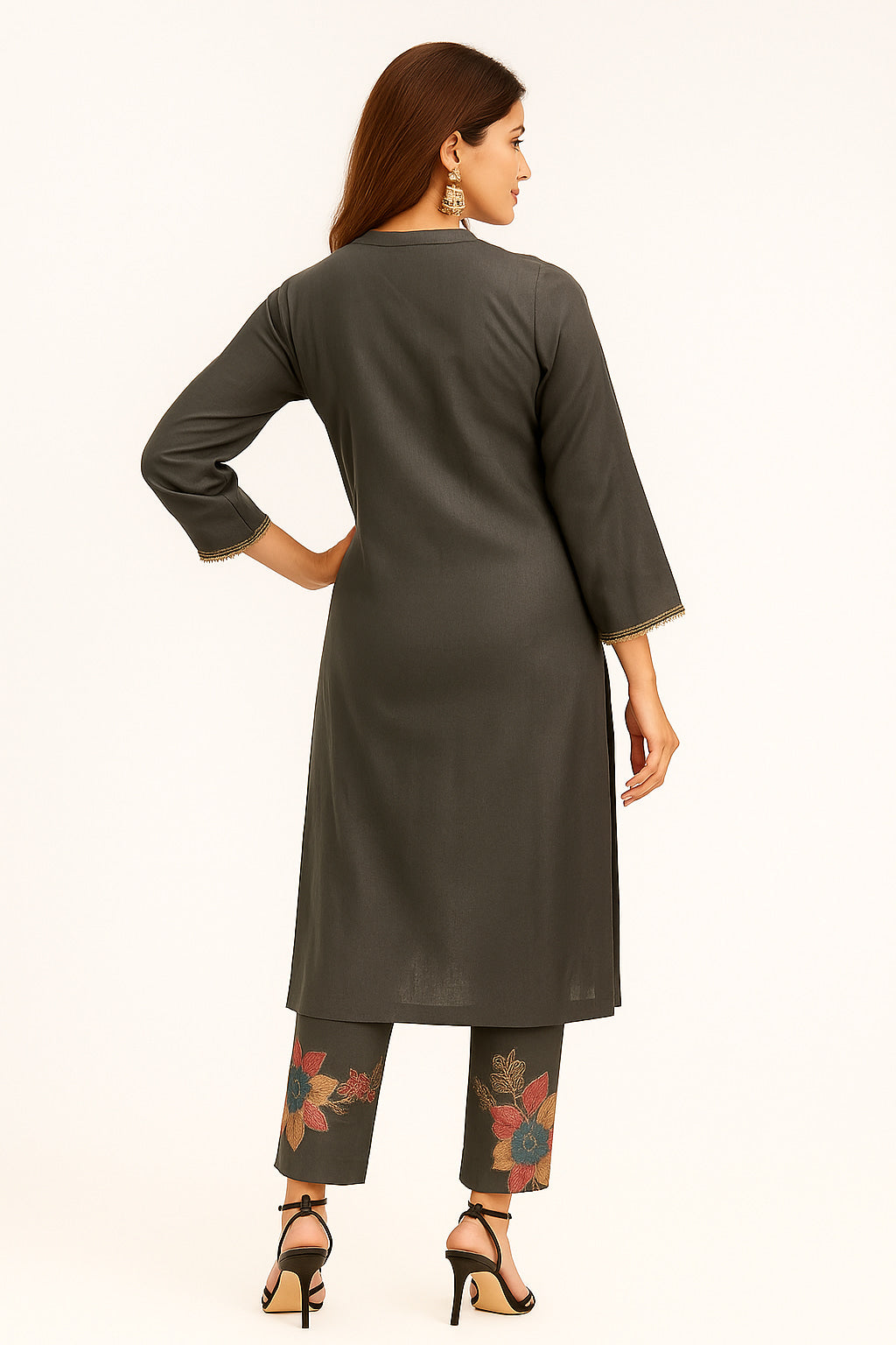 Grey Straight Salwar Suit in Viscose with Neck Embroidery Accents - Image 1