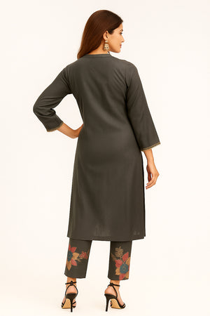 Grey Straight Salwar Suit in Viscose with Neck Embroidery Accents - Image 1