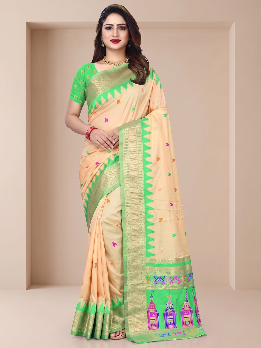 Peachmode Cream and Green Pure Silk Kalash Woven Saree - Image 2