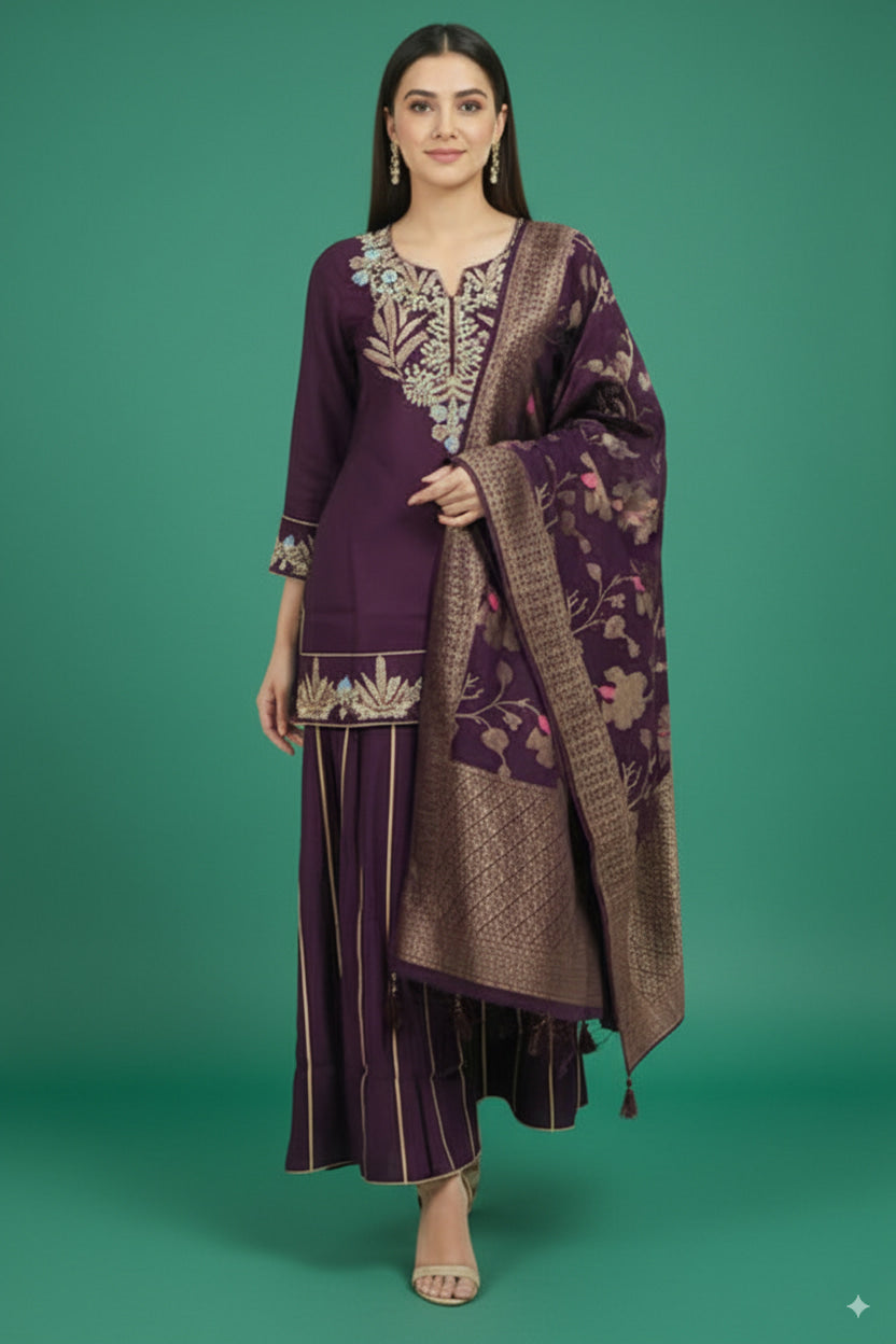Wine Twill Satin Sharara Suit with Intricate Hand Embroidery - Image 1