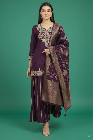 Wine Twill Satin Sharara Suit with Intricate Hand Embroidery - Image 1