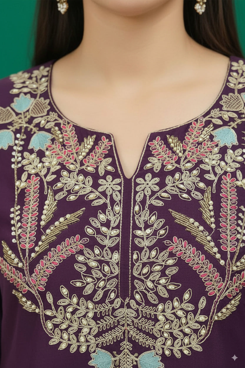 Wine Twill Satin Sharara Suit with Intricate Hand Embroidery - Image 2