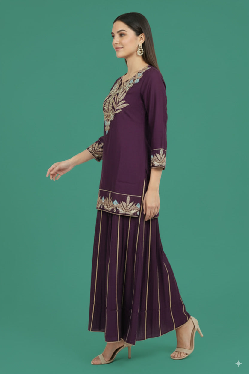 Wine Twill Satin Sharara Suit with Intricate Hand Embroidery - Image 3