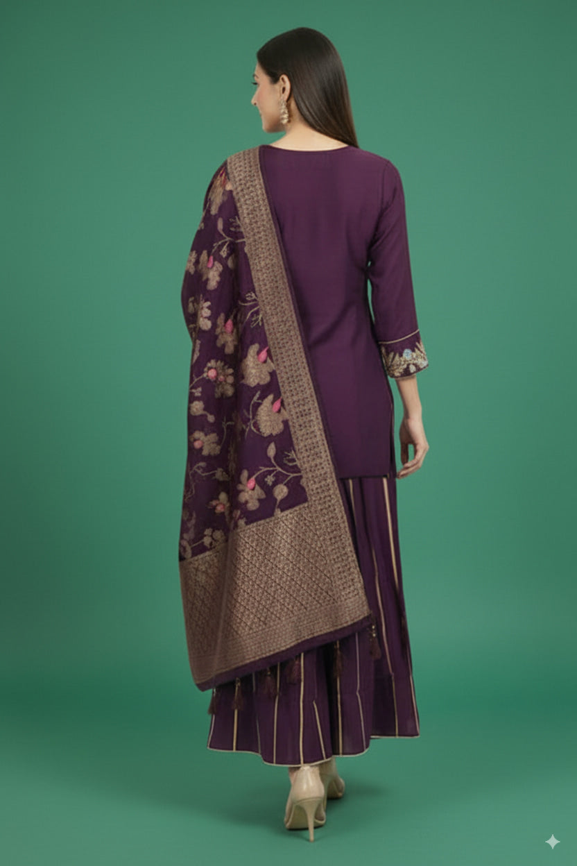 Wine Twill Satin Sharara Suit with Intricate Hand Embroidery - Image 4