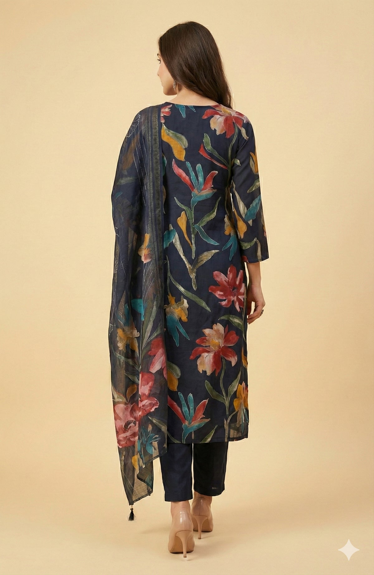 Navy Blue All Over Floral Viscose Rayon Straight Kurta Set Festive Glam - Image 1
