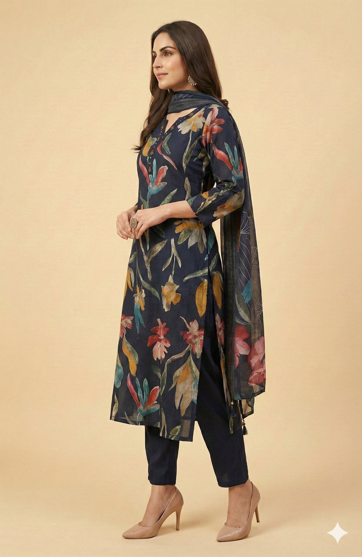 Navy Blue All Over Floral Viscose Rayon Straight Kurta Set Festive Glam - Image 3