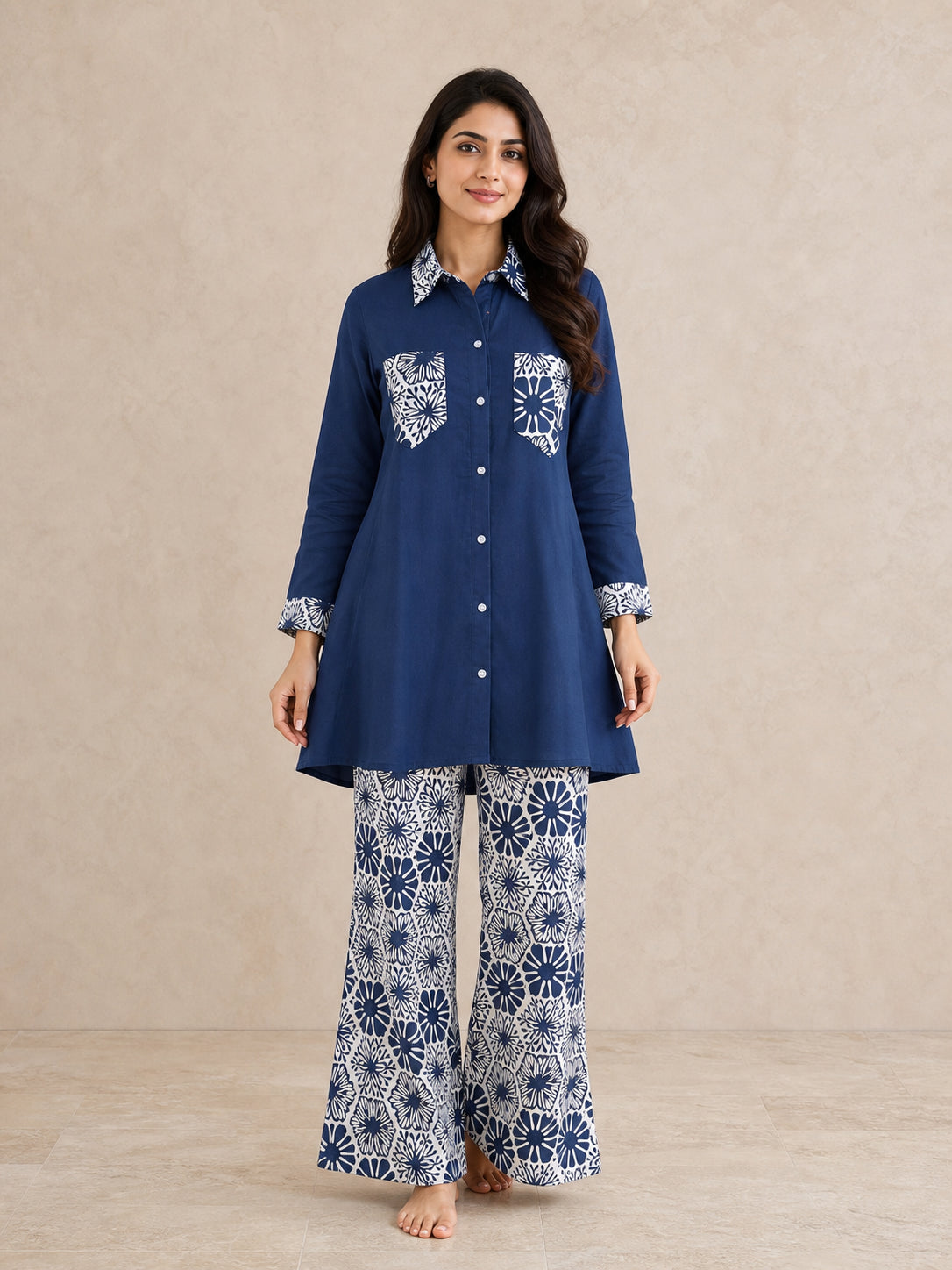 Peachmode Blue Cotton Flex Top Bottom Set - Image 1
