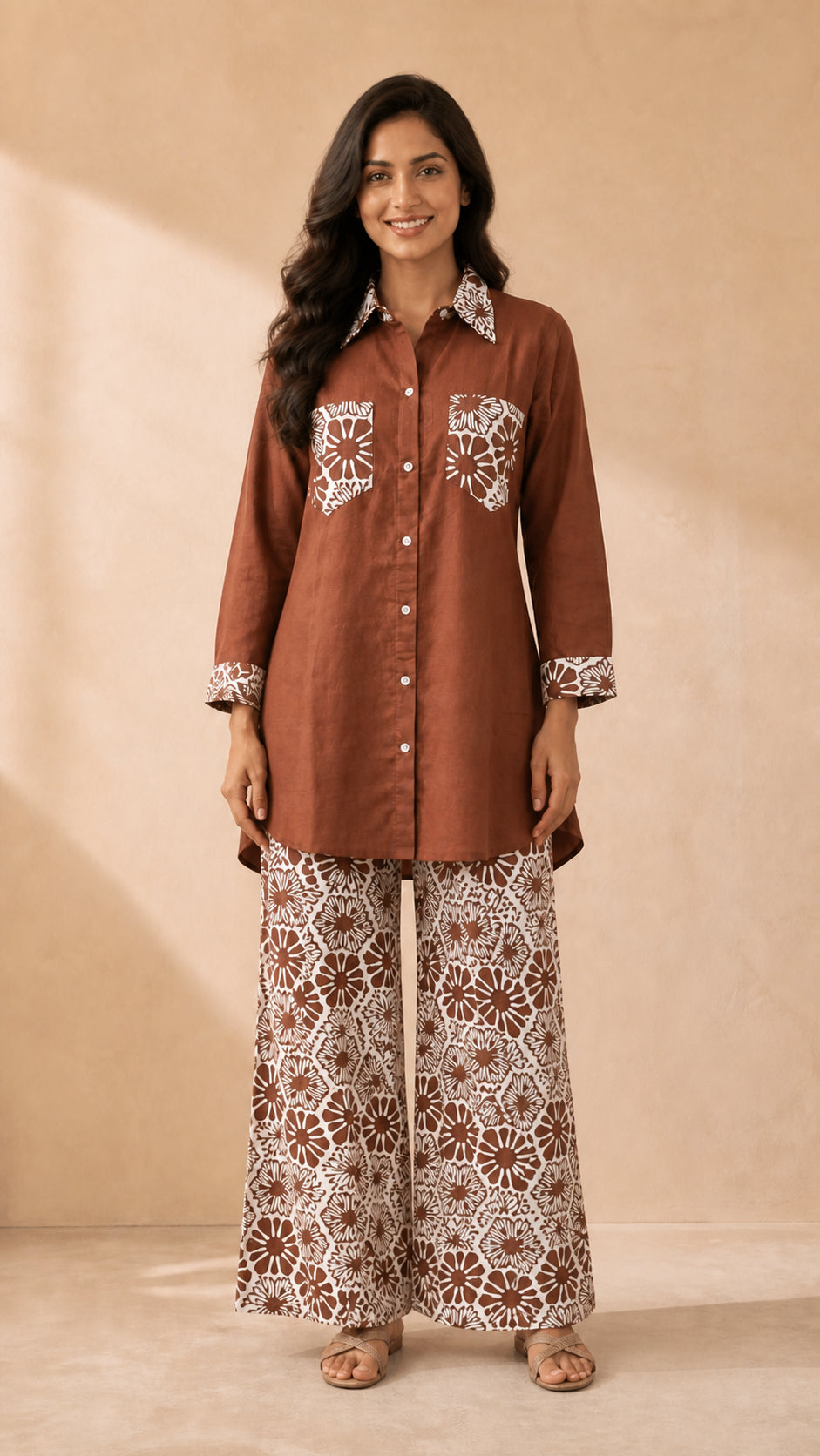 Peachmode Brown Cotton Flex Top Bottom Set - Image 2