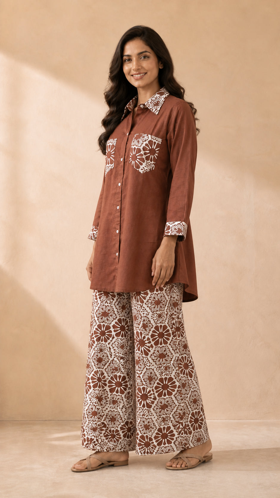 Peachmode Brown Cotton Flex Top Bottom Set - Image 3
