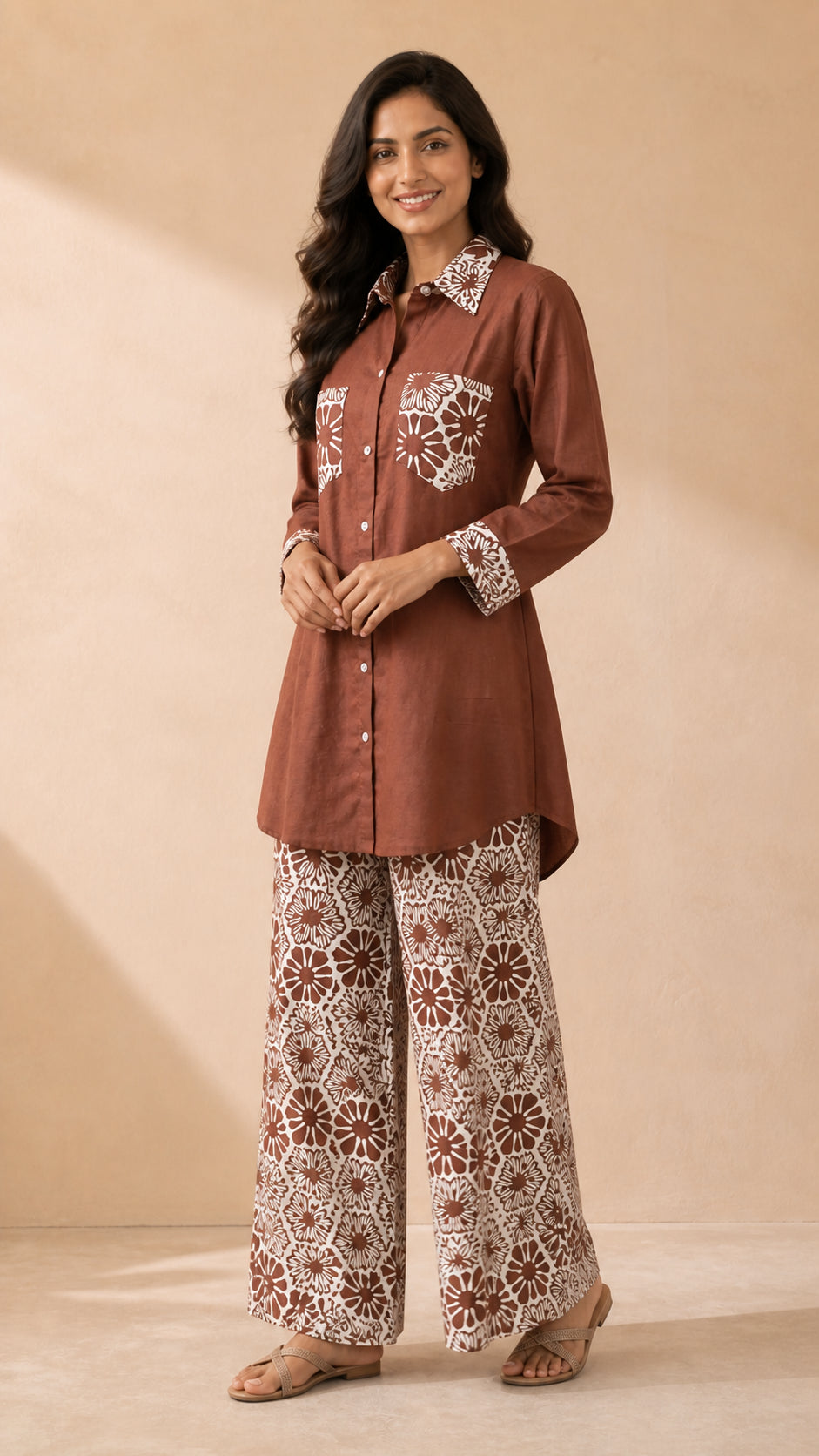 Peachmode Brown Cotton Flex Top Bottom Set - Image 5