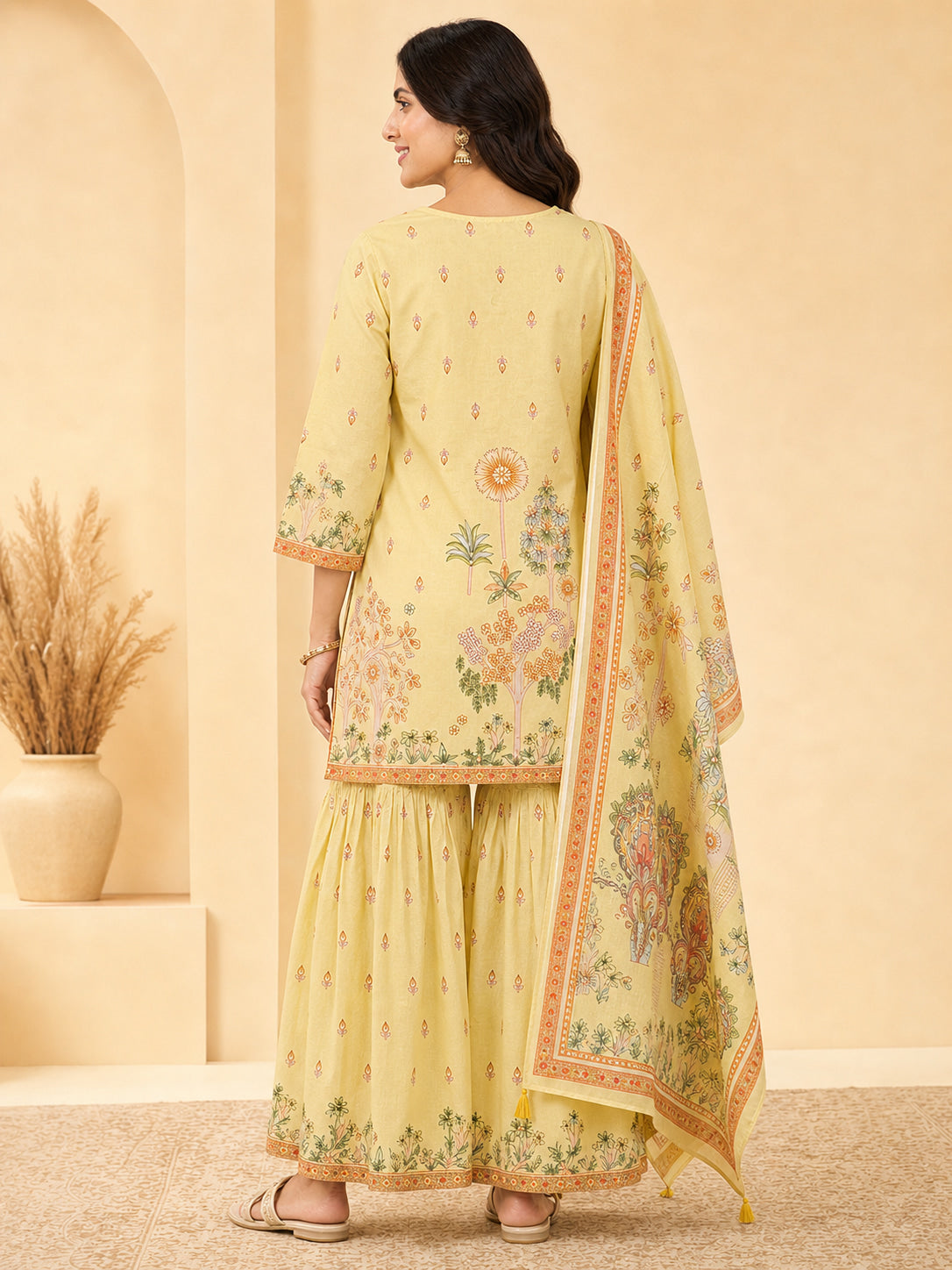 Peachmode Yellow Pure Cotton Floral Printed Sharara Salwar Suit Set - Image 9