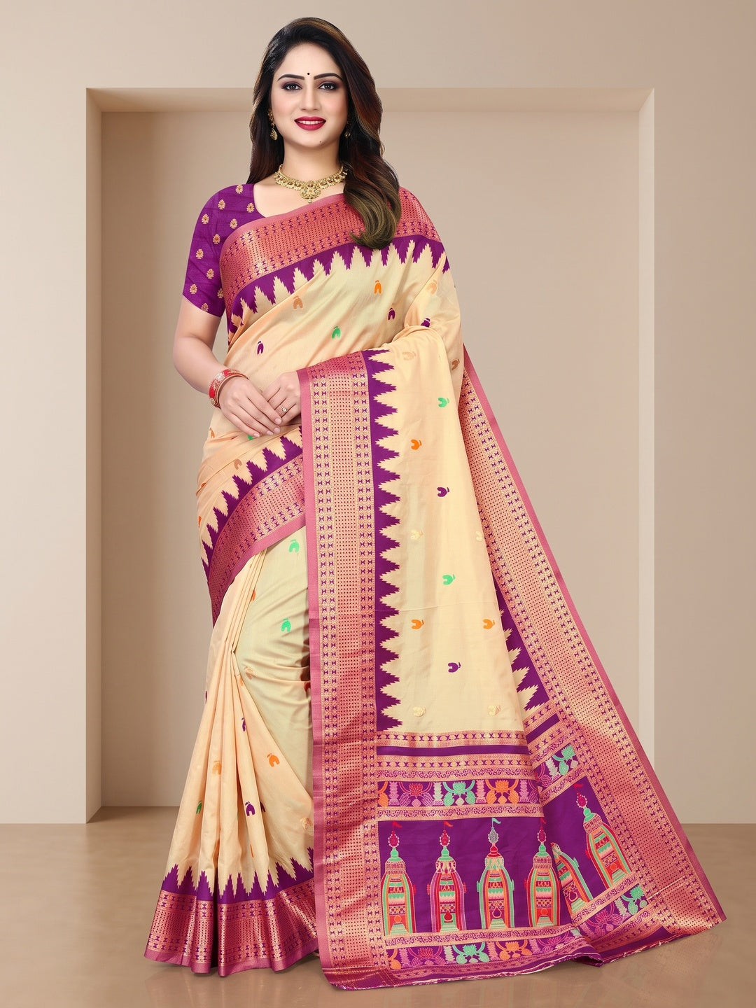 Peachmode Cream and Wine Pure Silk Kalash Woven Saree - Image 1