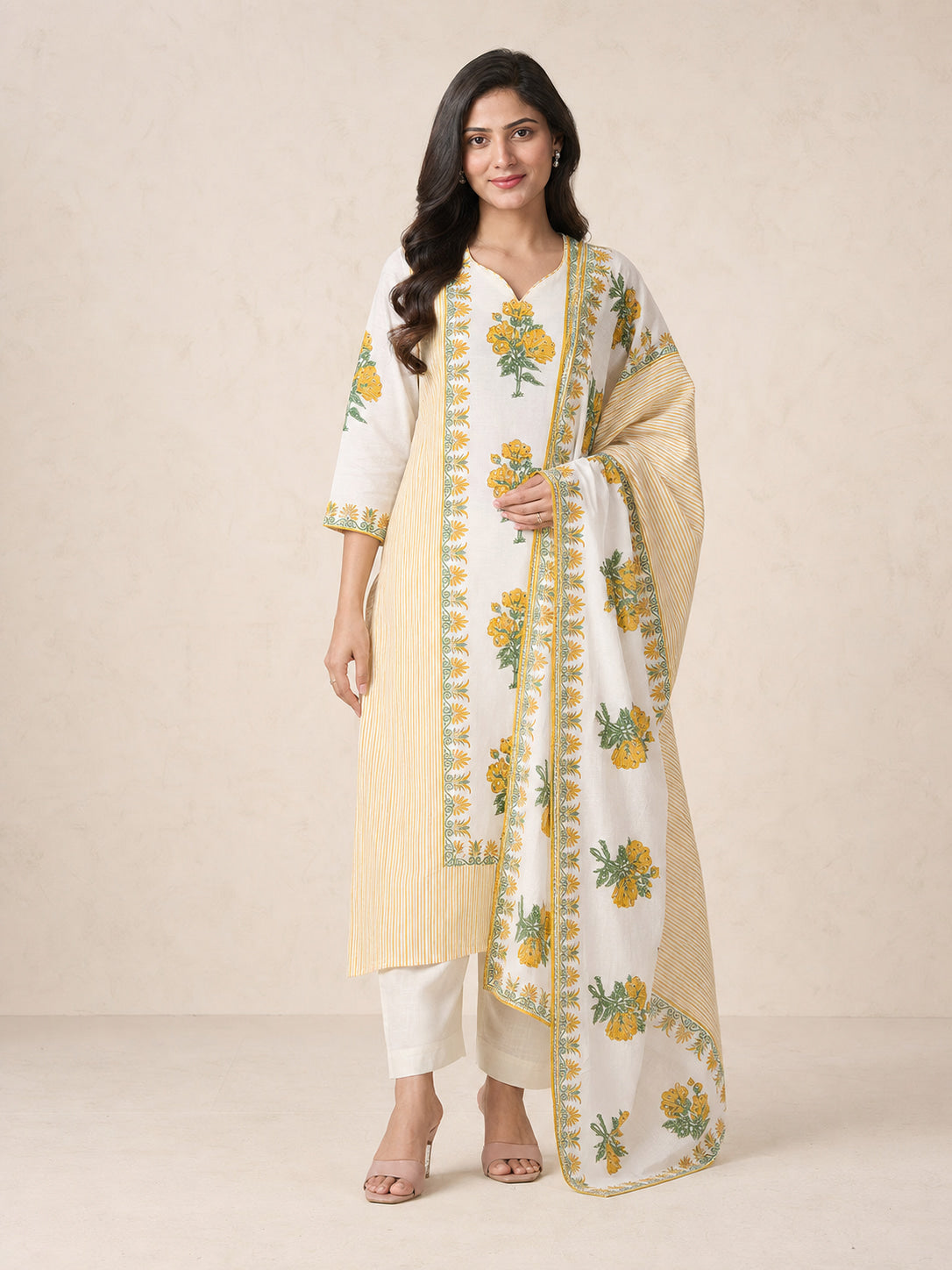 Floral Printed Off White Pure Cotton Straight Suit Set - Image 1