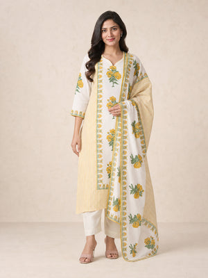 Floral Printed Off White Pure Cotton Straight Suit Set - Image 1