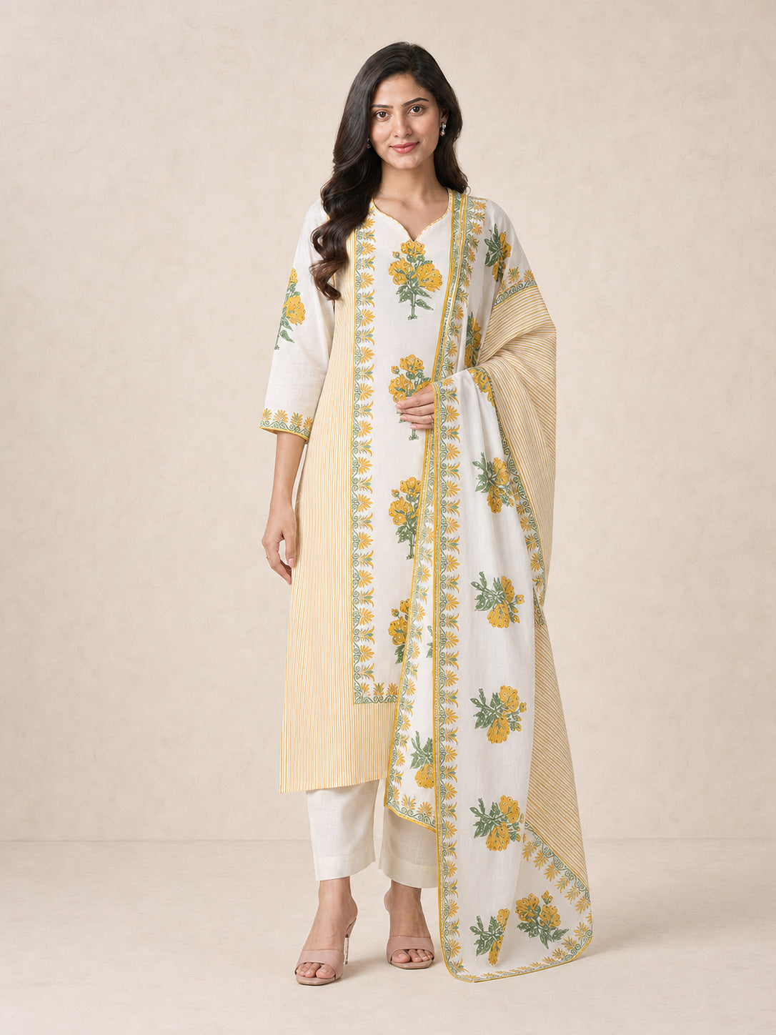 Floral Printed Off White Pure Cotton Straight Suit Set - Image 2