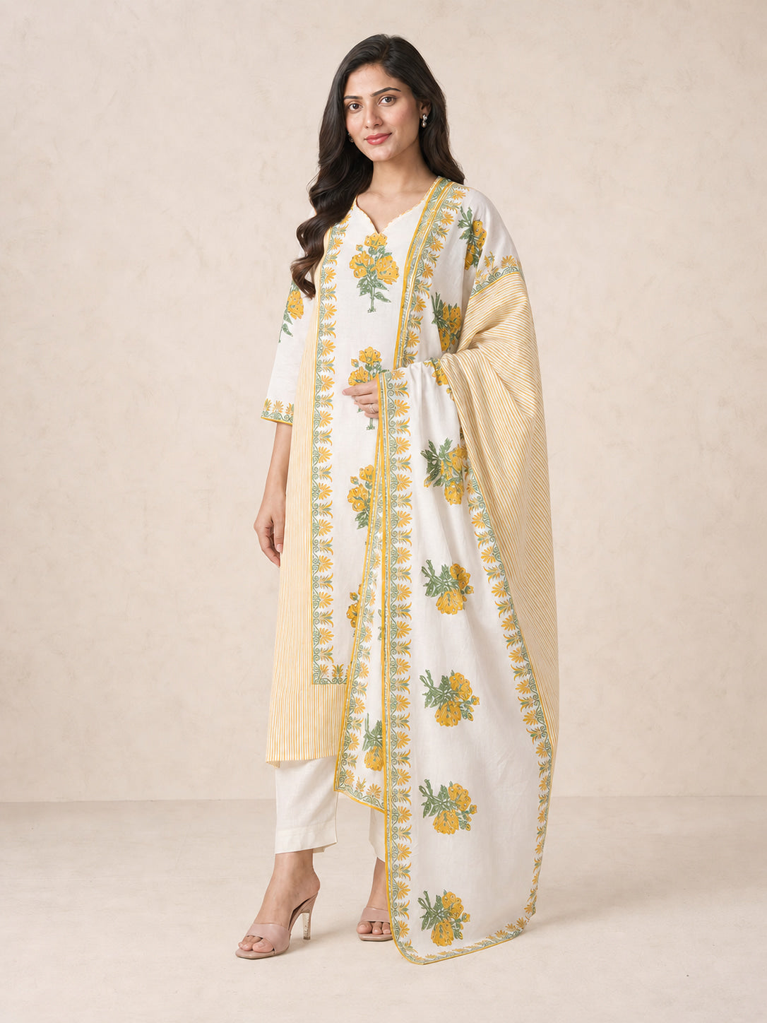 Floral Printed Off White Pure Cotton Straight Suit Set - Image 3