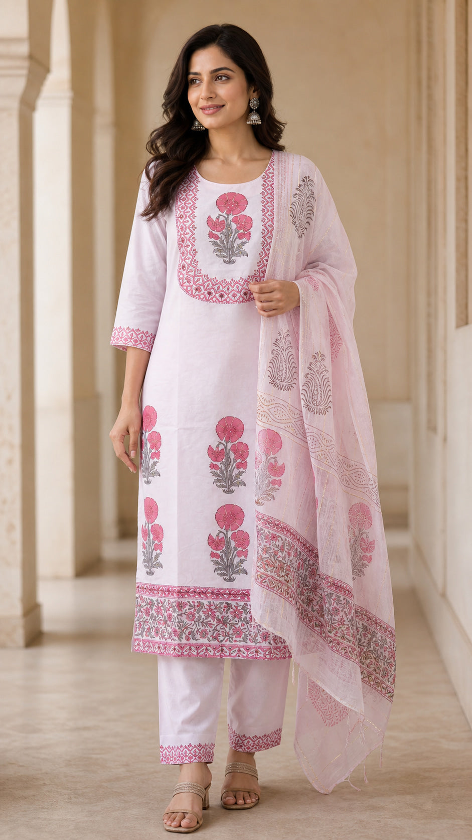 Peachmode Light Pink Pure Cotton Hand Block Printed Salwar Suit Set - Image 1