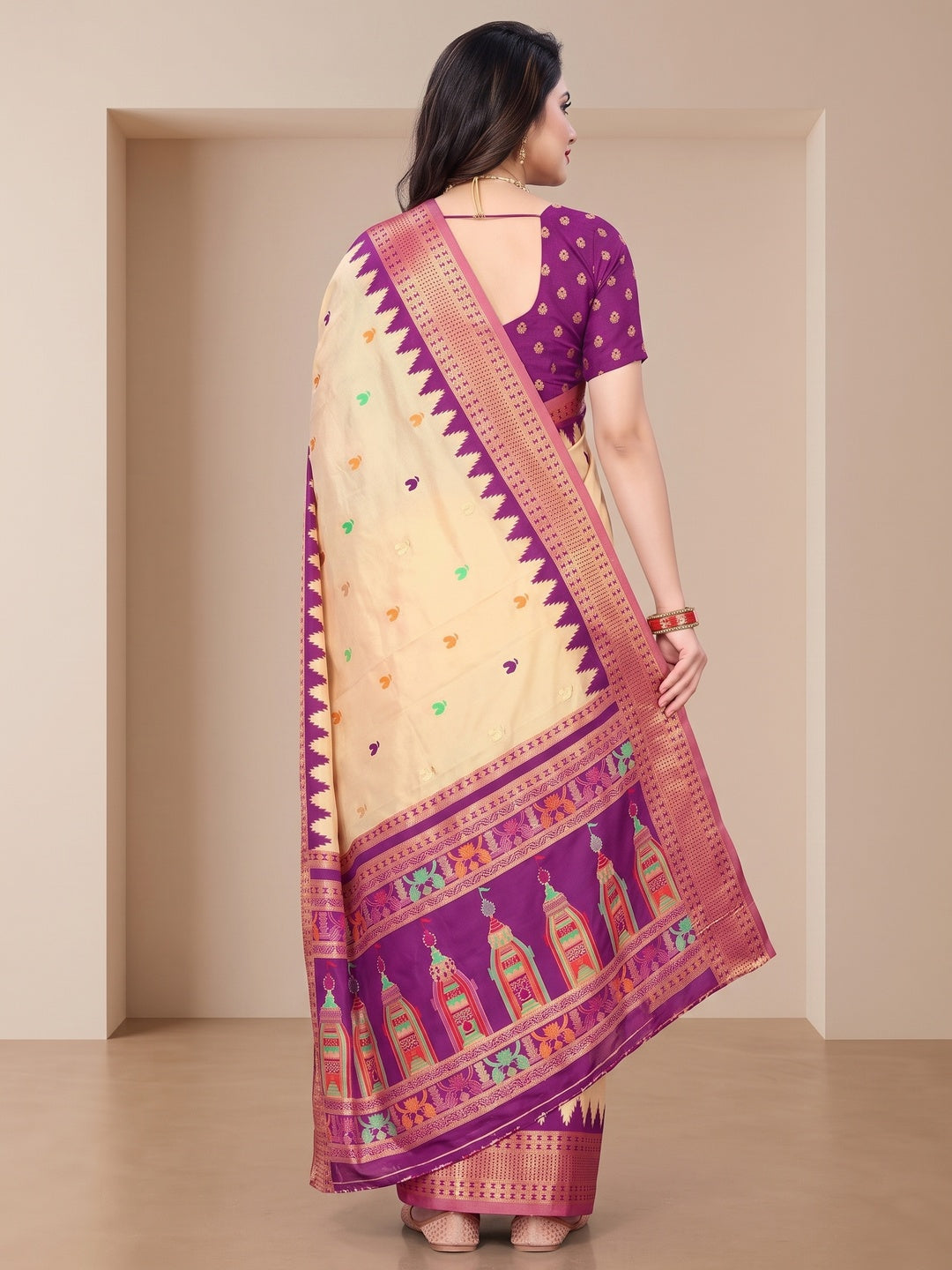 Peachmode Cream and Wine Pure Silk Kalash Woven Saree - Image 5