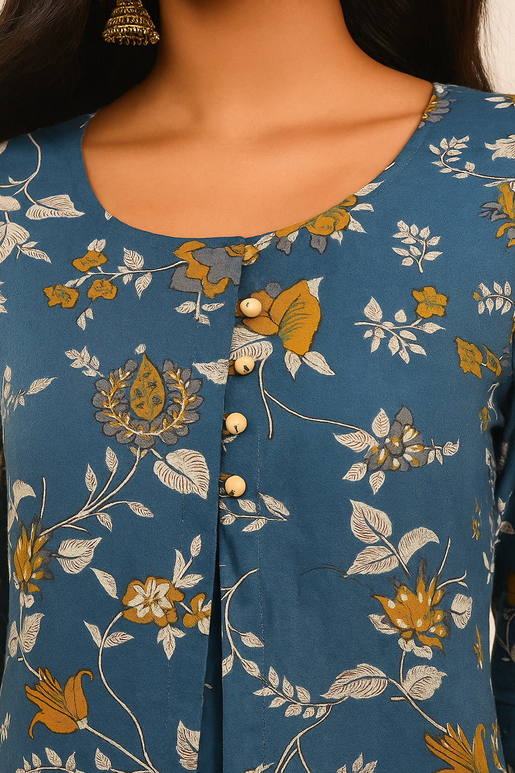 Blue Cotton Top Bottom Set Featuring Floral Prints & Handcrafted Details - Image 1