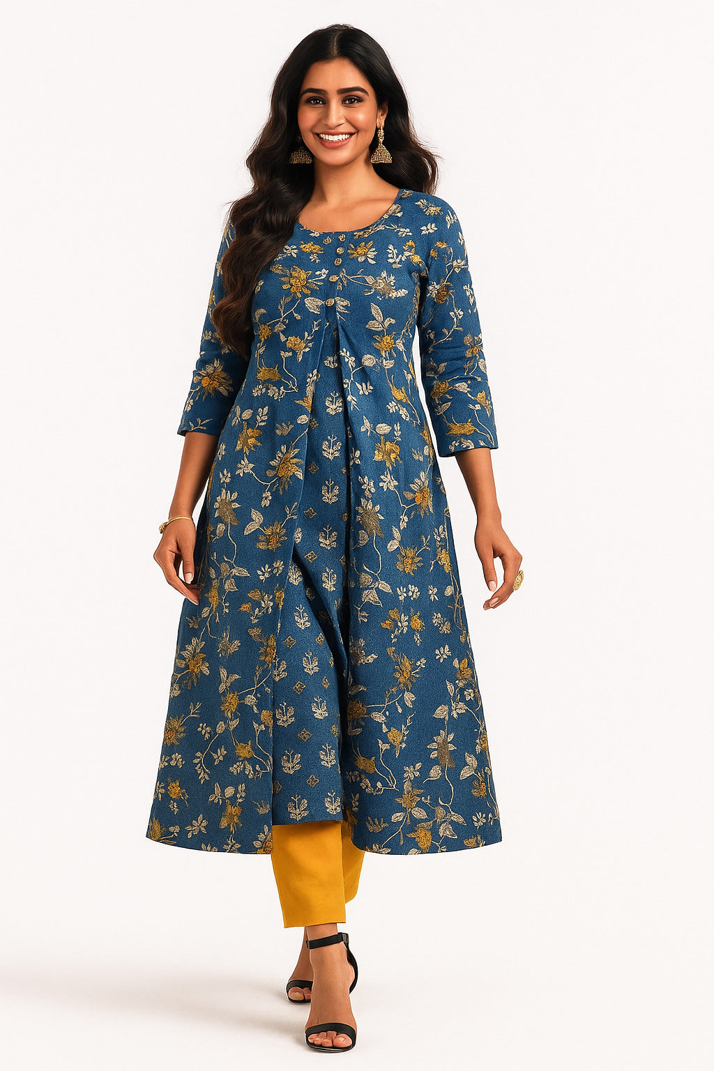 Blue Cotton Top Bottom Set Featuring Floral Prints & Handcrafted Details - Image 3