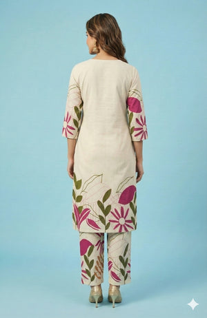 White Printed Cotton Top Bottom Set Ensemble with Mirror Embroidered Neckline - Image 2