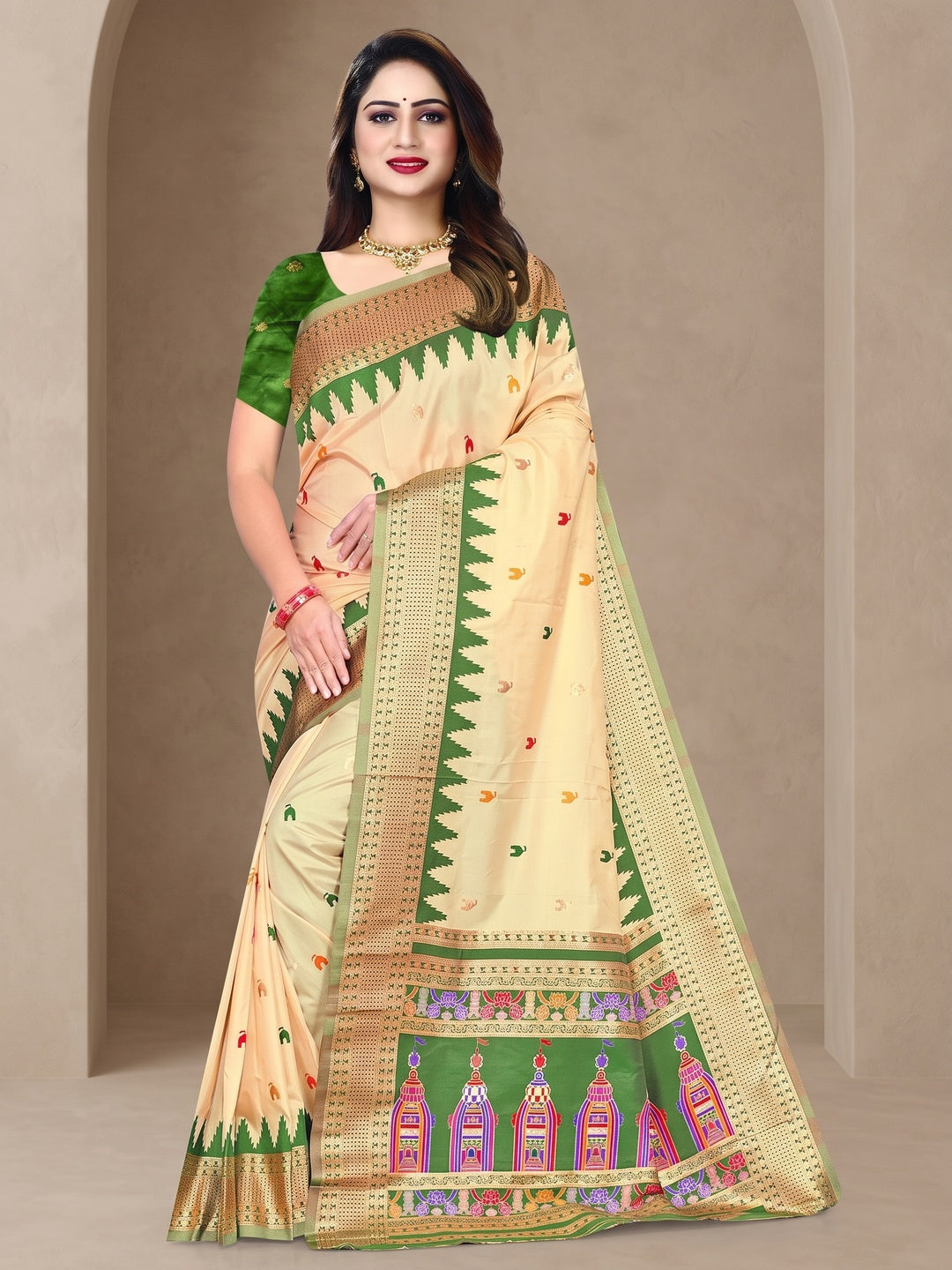 Peachmode Cream and Dark Green Pure Silk Kalash Woven Saree - Image 1