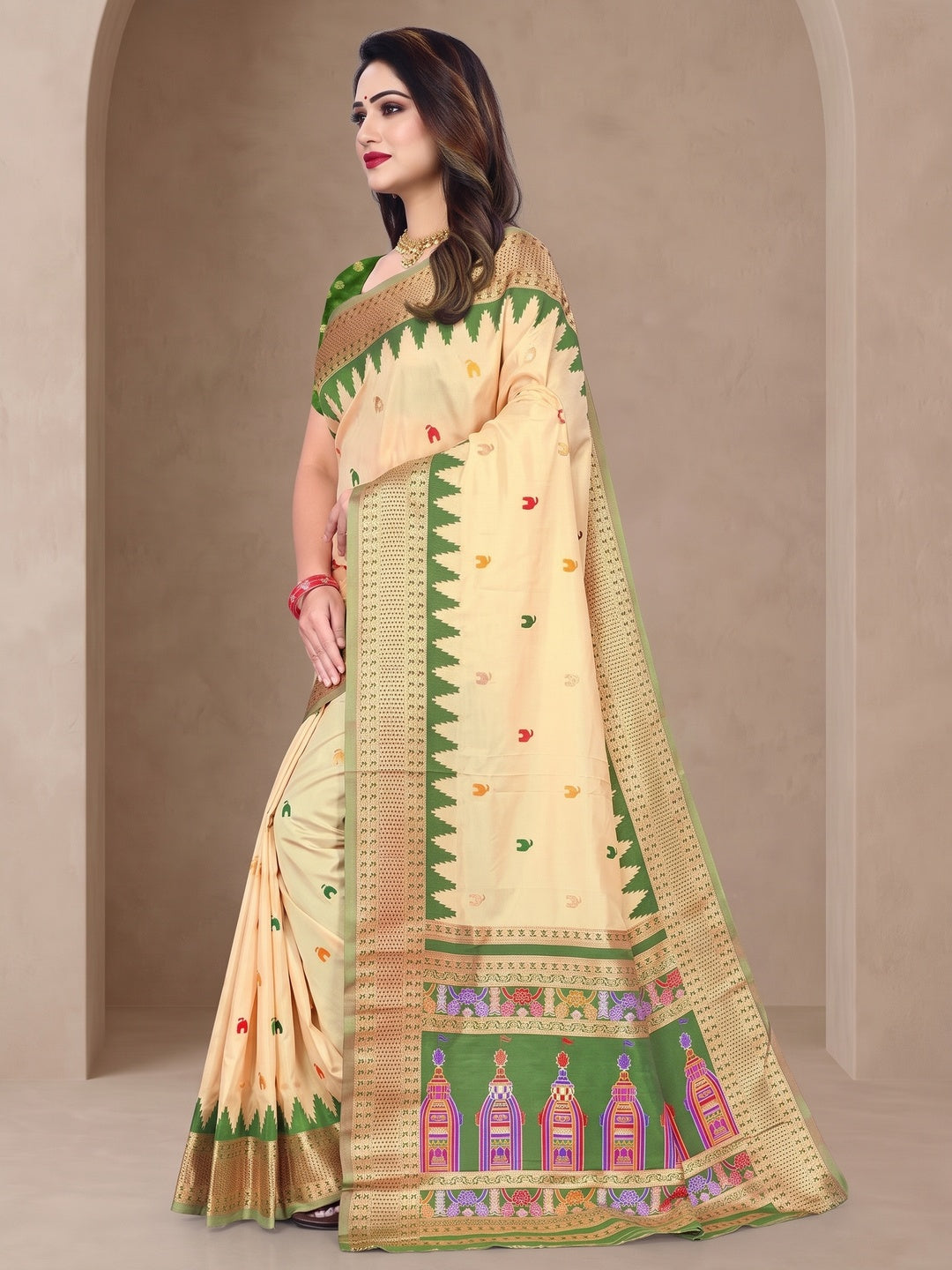 Peachmode Cream and Dark Green Pure Silk Kalash Woven Saree - Image 3