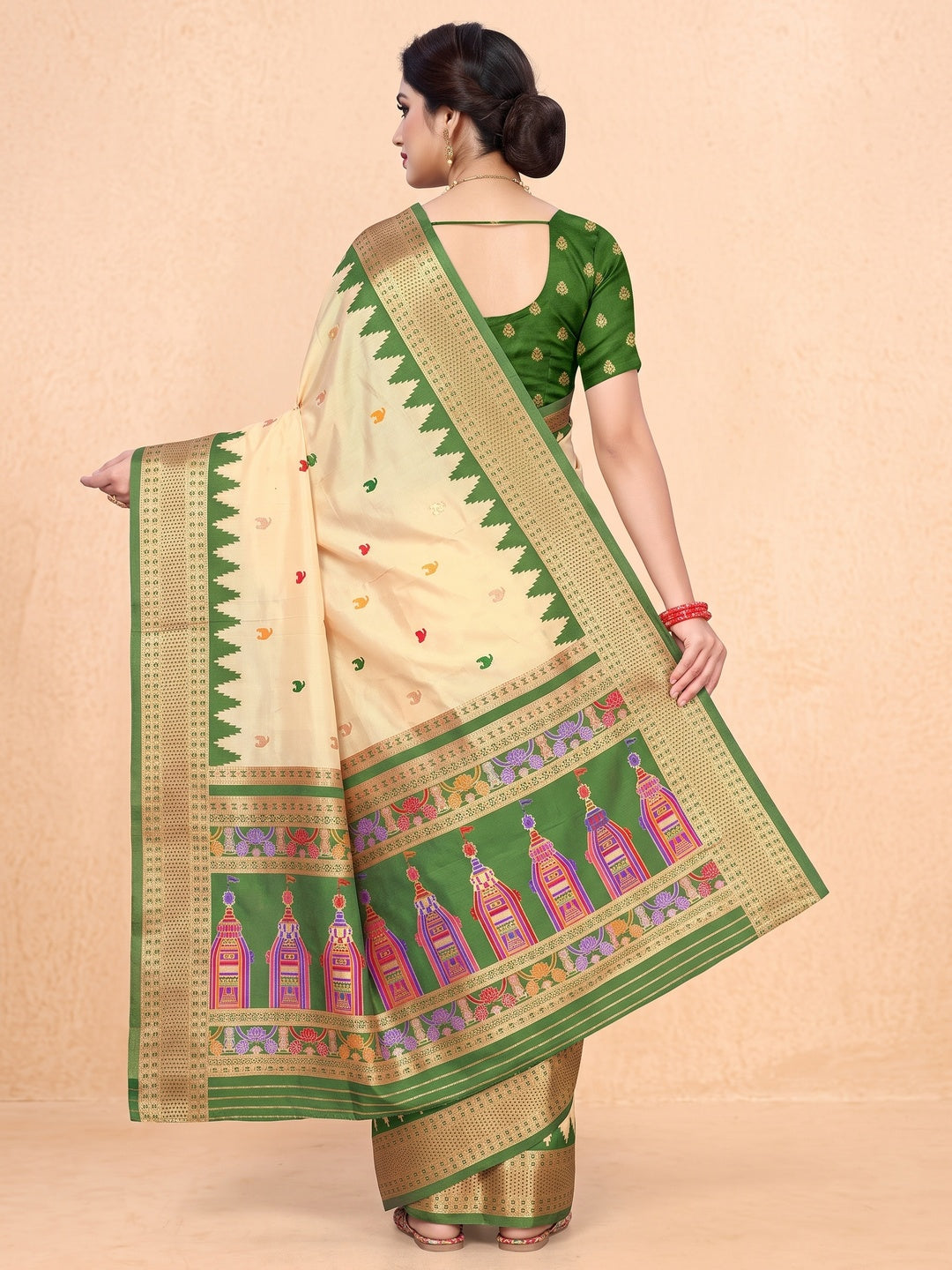 Peachmode Cream and Dark Green Pure Silk Kalash Woven Saree - Image 5