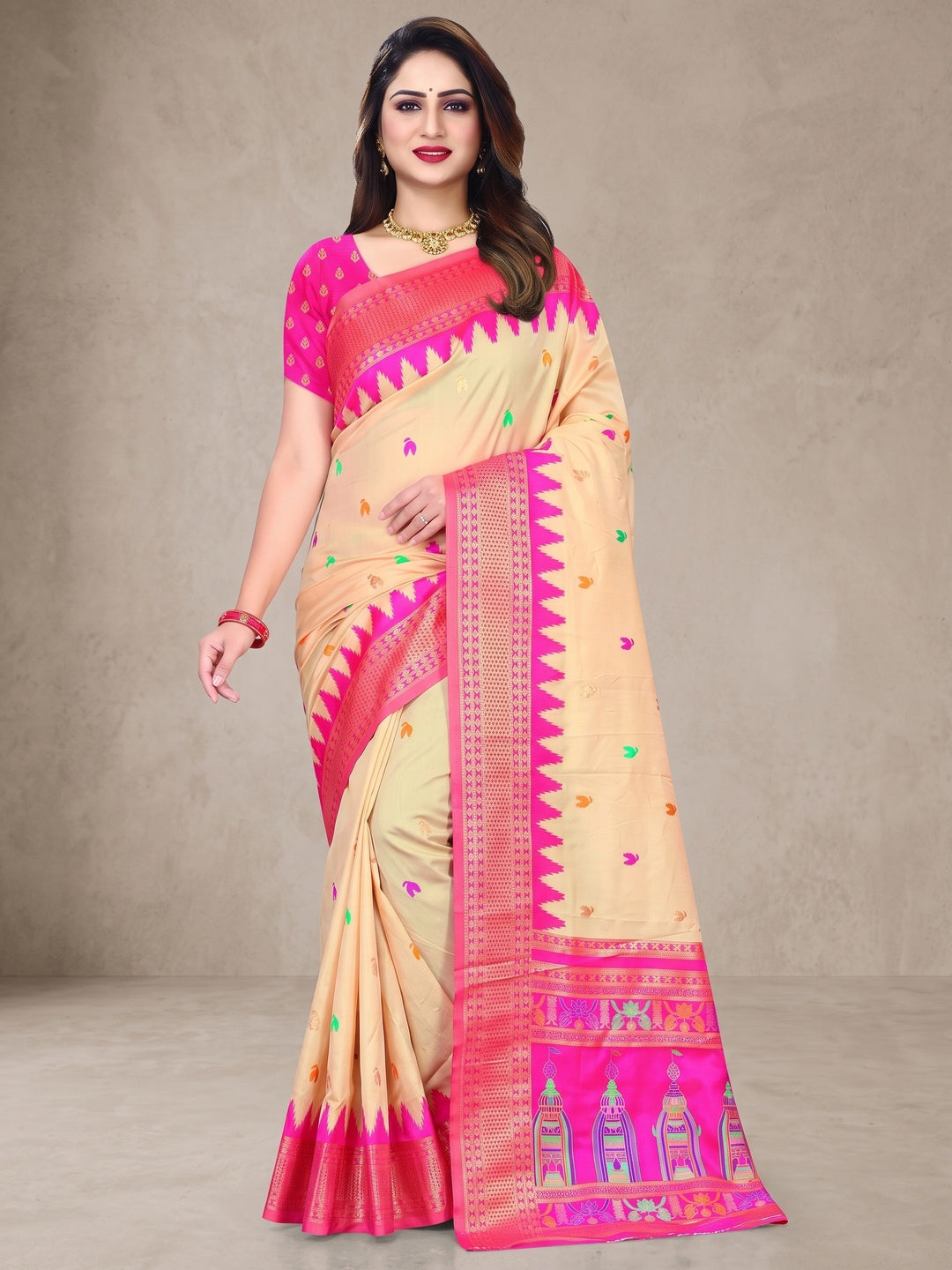 Peachmode Cream and Pink Pure Silk Kalash Woven Saree - Image 2