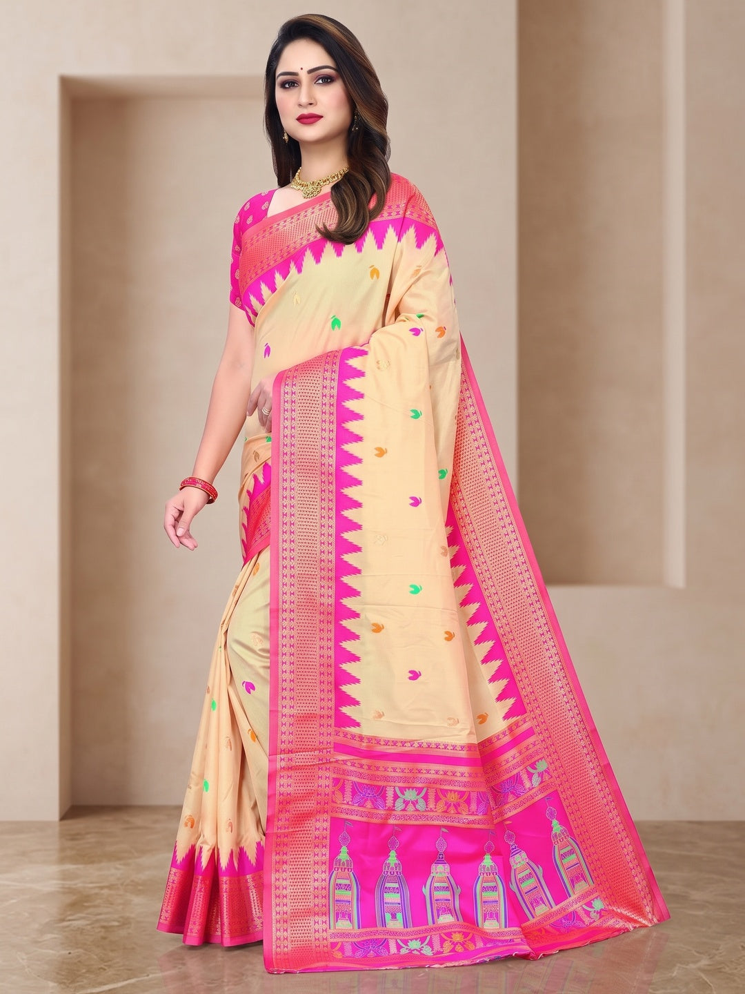 Peachmode Cream and Pink Pure Silk Kalash Woven Saree - Image 4